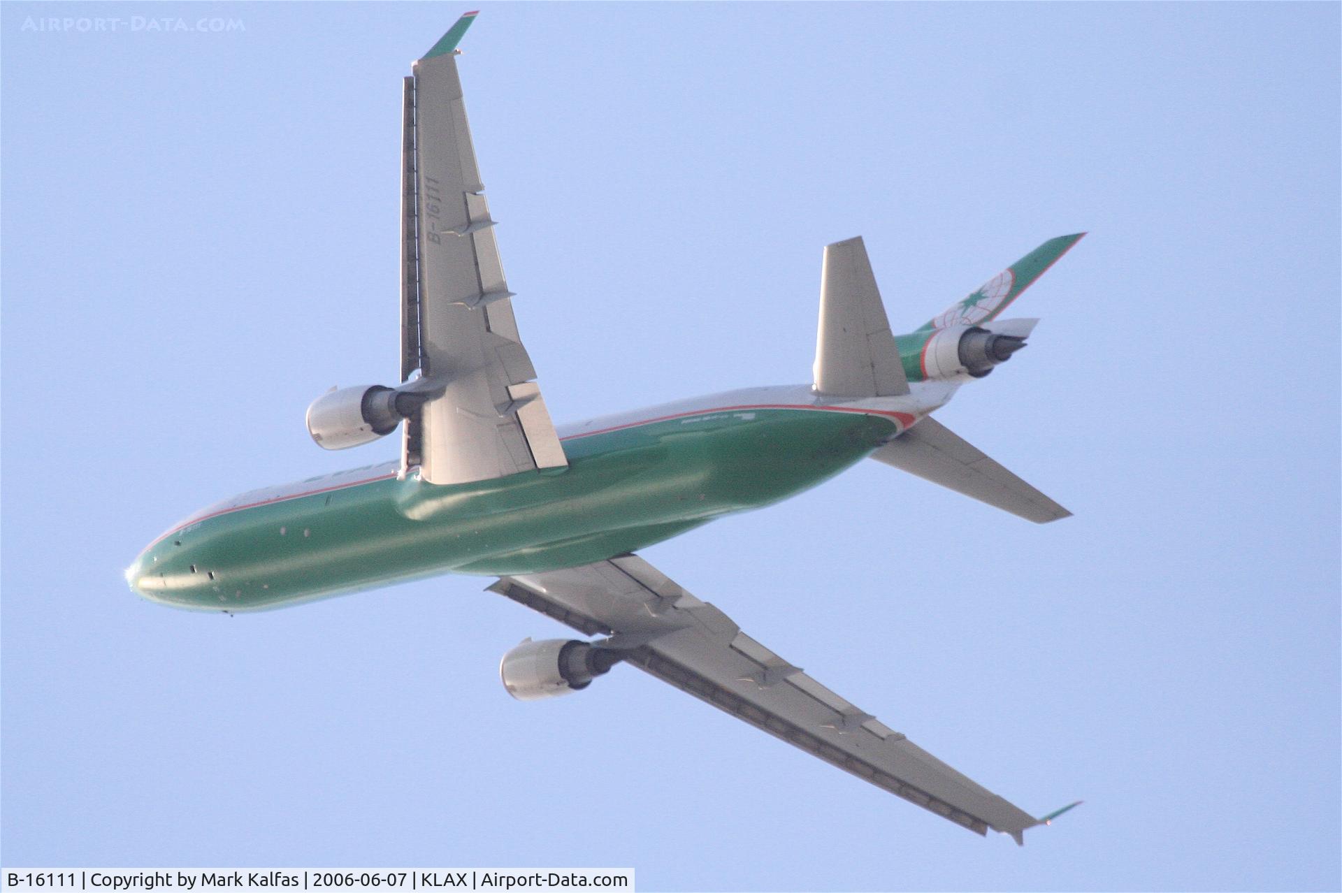 B-16111, 1998 McDonnell Douglas MD-11F C/N 48787, Eva Air Cargo MD-11F, B-16111 departing RWY 25L KLAX