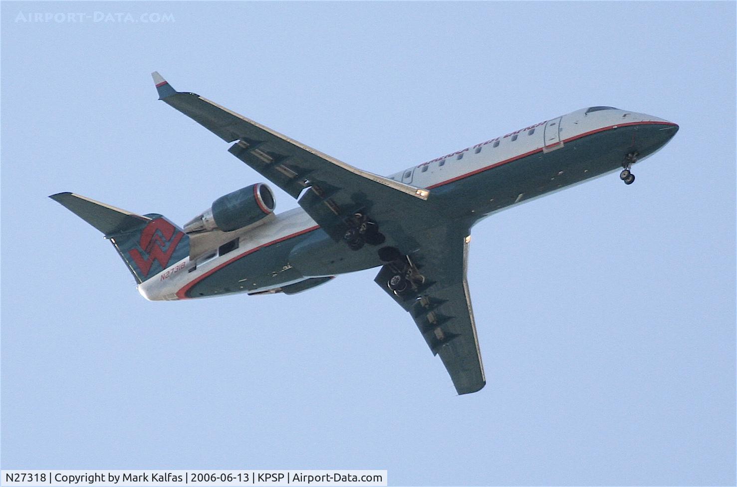 N27318, 1999 Bombardier CRJ-200LR (CL-600-2B19) C/N 7318, America West/Mesa Airlines CL-600-2B19, N27318 on approach to KPSP.