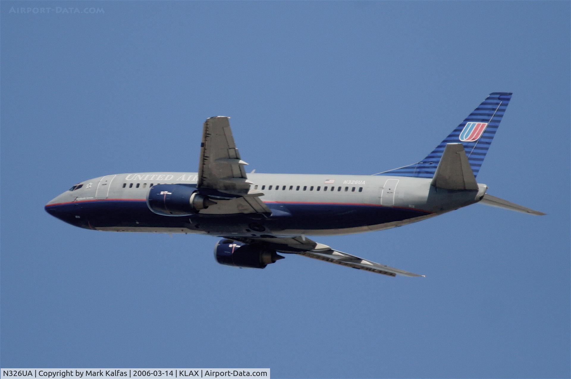 N326UA, 1988 Boeing 737-322 C/N 23958, United Airlines Boeing 737-322, N326UA departing KLAX 25R.