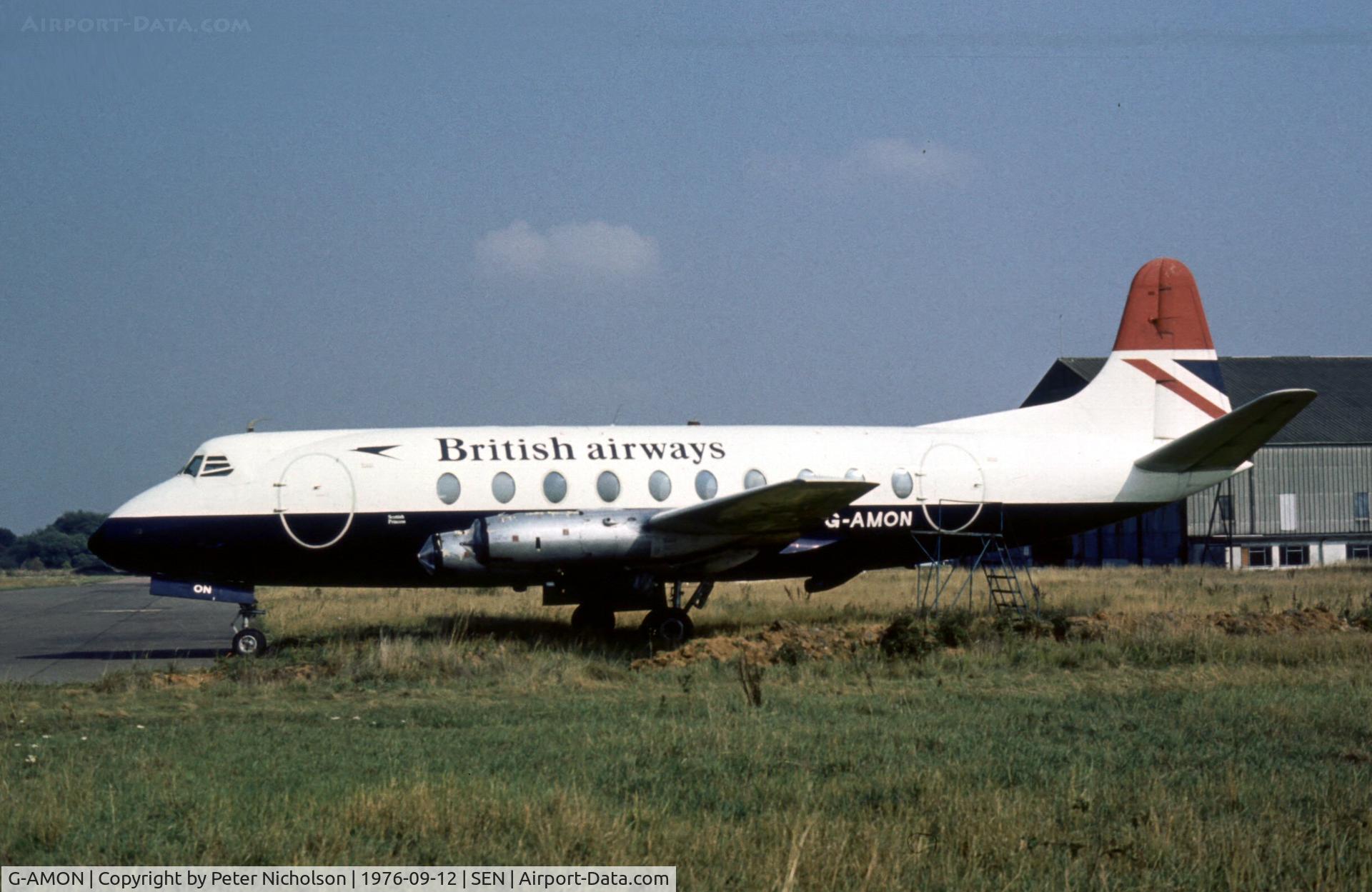 G-AMON, 1953 Vickers Viscount 701 C/N 27, This British Airways Viscount was stored at Southend in the Summer of 1976 and later scrapped there in May 1979.