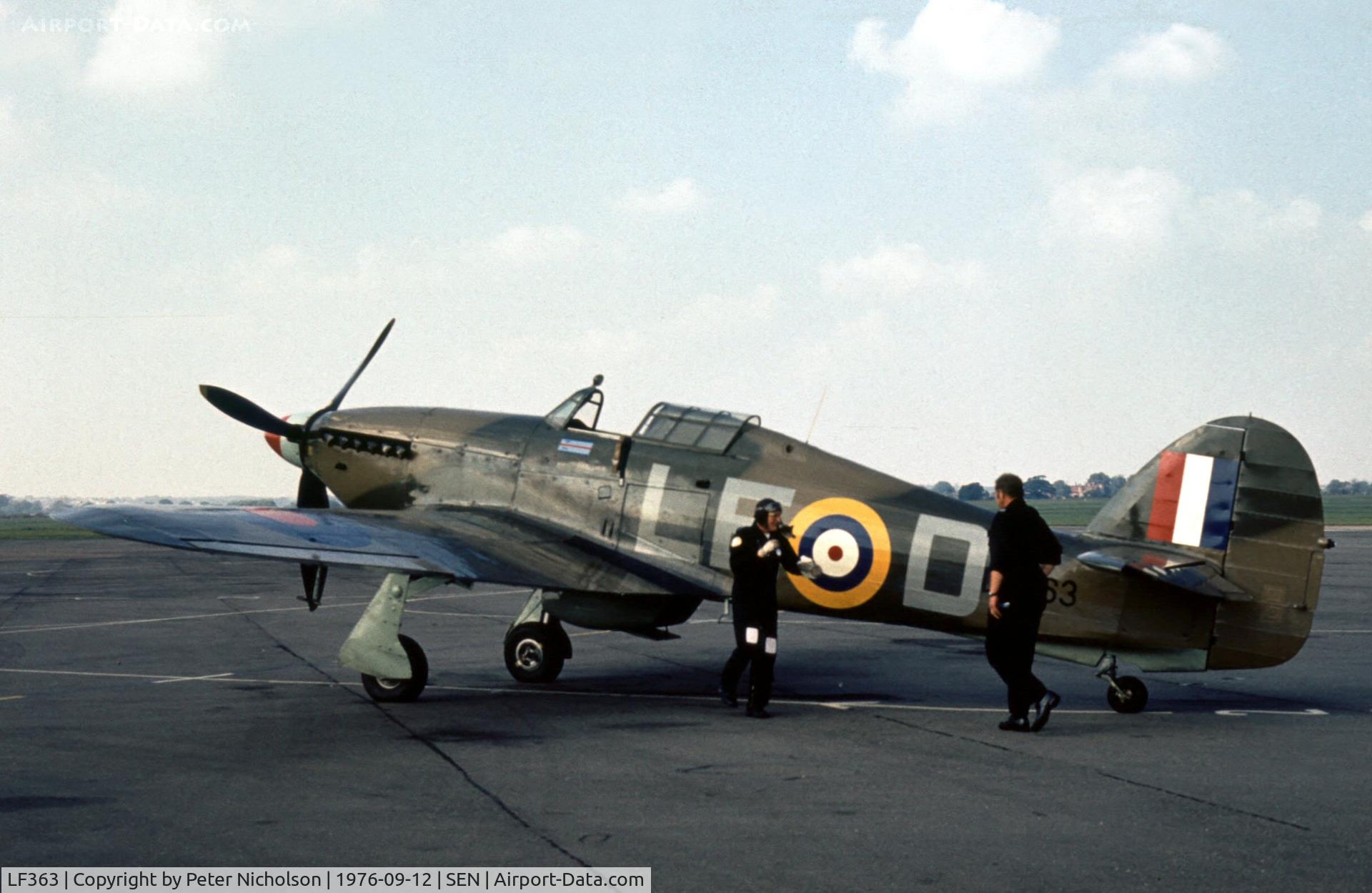 LF363, 1944 Hawker Hurricane IIC C/N 41H/469290, The Battle of Britain Memorial Flight's Hurricane staged through Southend in the Summer of 1976.