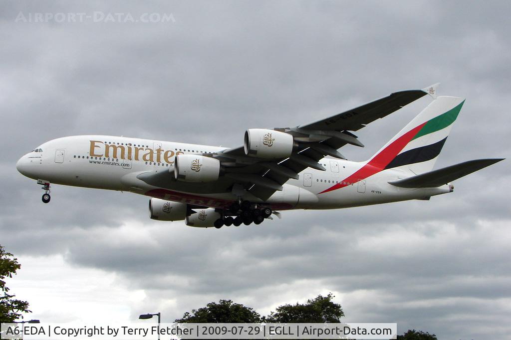 A6-EDA, 2007 Airbus A380-861 C/N 011, Emirates A380 on 27L at Heathrow