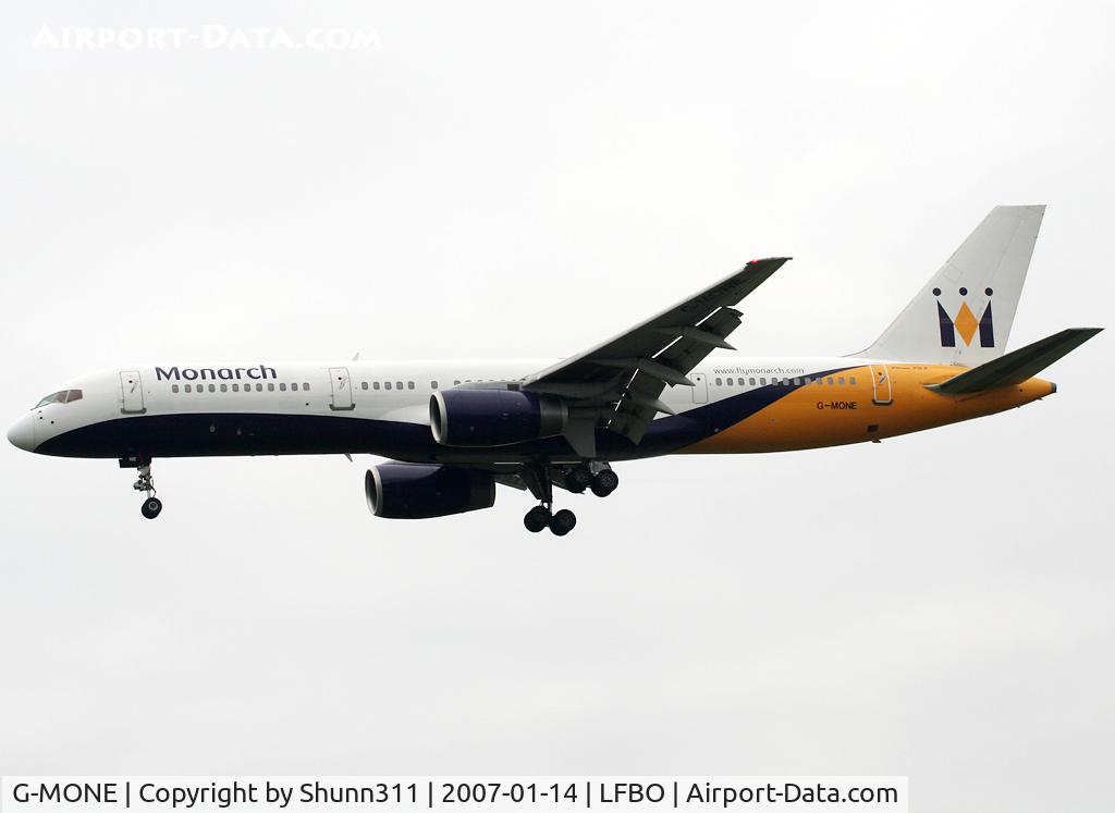 G-MONE, 1985 Boeing 757-2T7 C/N 23293, Landing rwy 14R in new c/s...