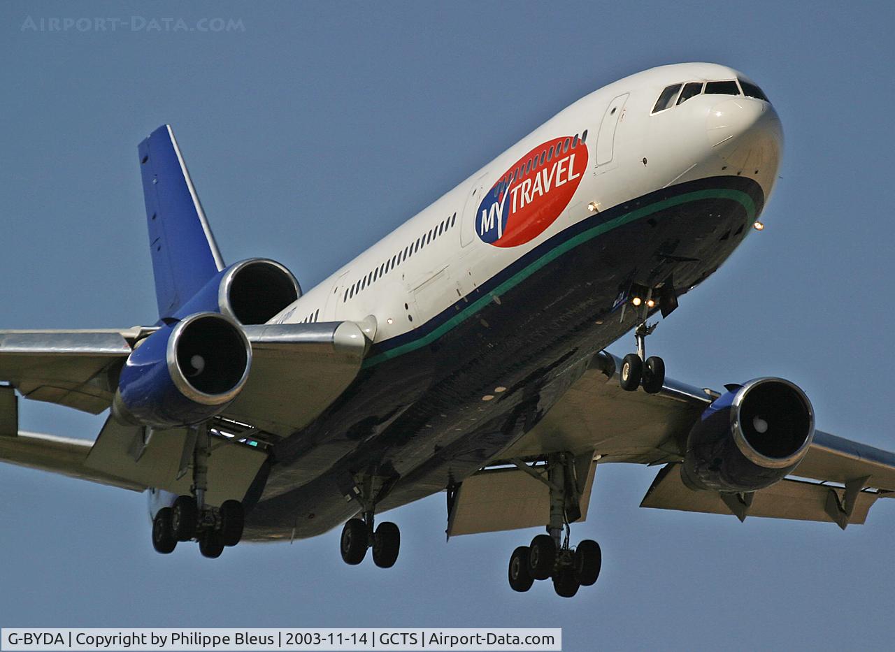G-BYDA, 1978 McDonnell Douglas DC-10-30 C/N 46990, Short final rwy 08. Once again, observe how the engineer's panel comes into the peripherical vision of the pilots (behind the F/O).