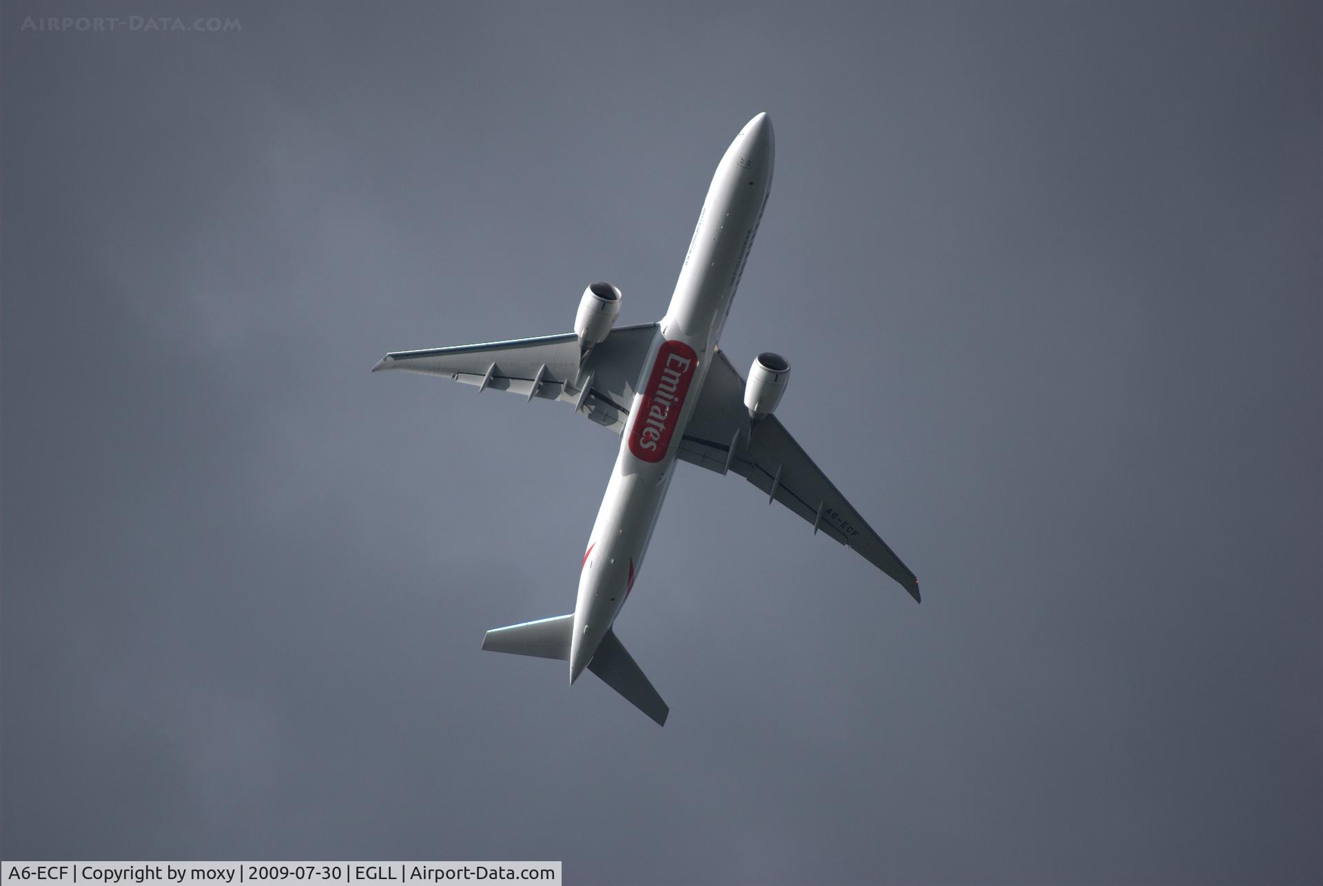 A6-ECF, 2007 Boeing 777-36H/ER C/N 35574, Boeing 777 over the Thames at Runnymede ex LHR