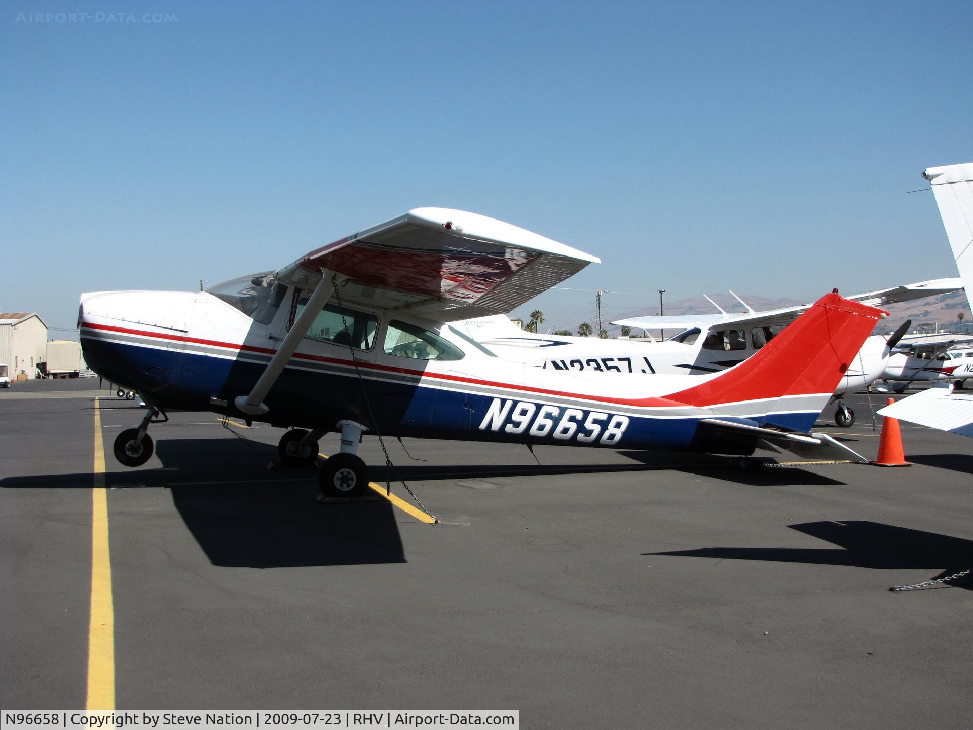 N96658, 1979 Cessna 182Q Skylane C/N 18266797, Painted in CAP colors 1979 Cessna 182P sits on her tail minus engine @ Reid-Hillview (San Jose), CA