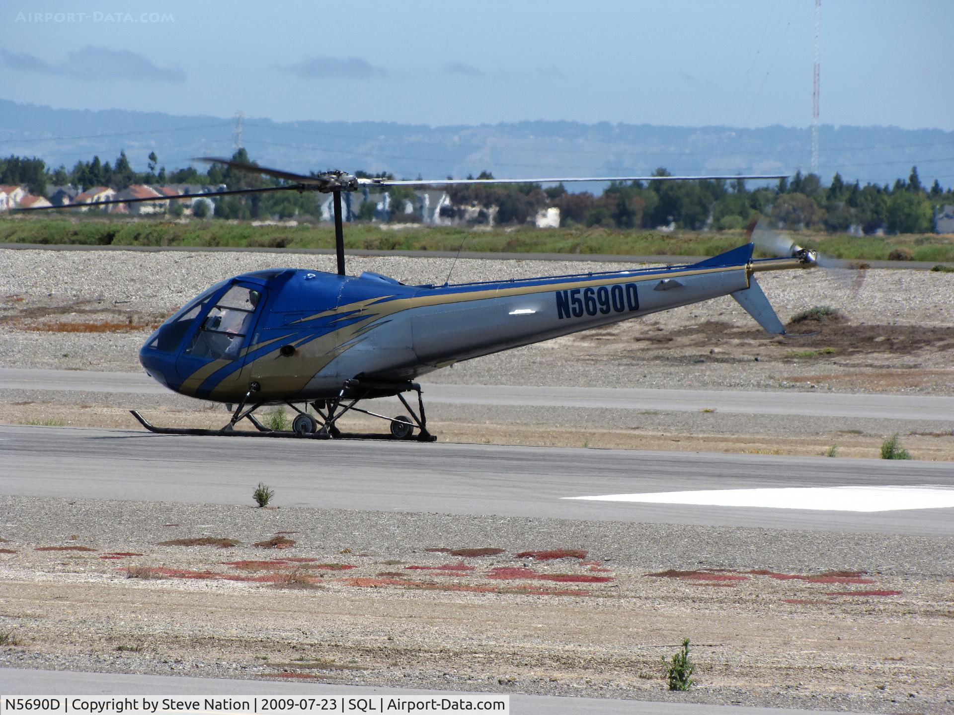 N5690D, 1978 Enstrom 280C Shark C/N 1154, Nicely painted 1978 Enstrom Helicopter Corp 280C making practice landsing @ San Carlos Muni, CA