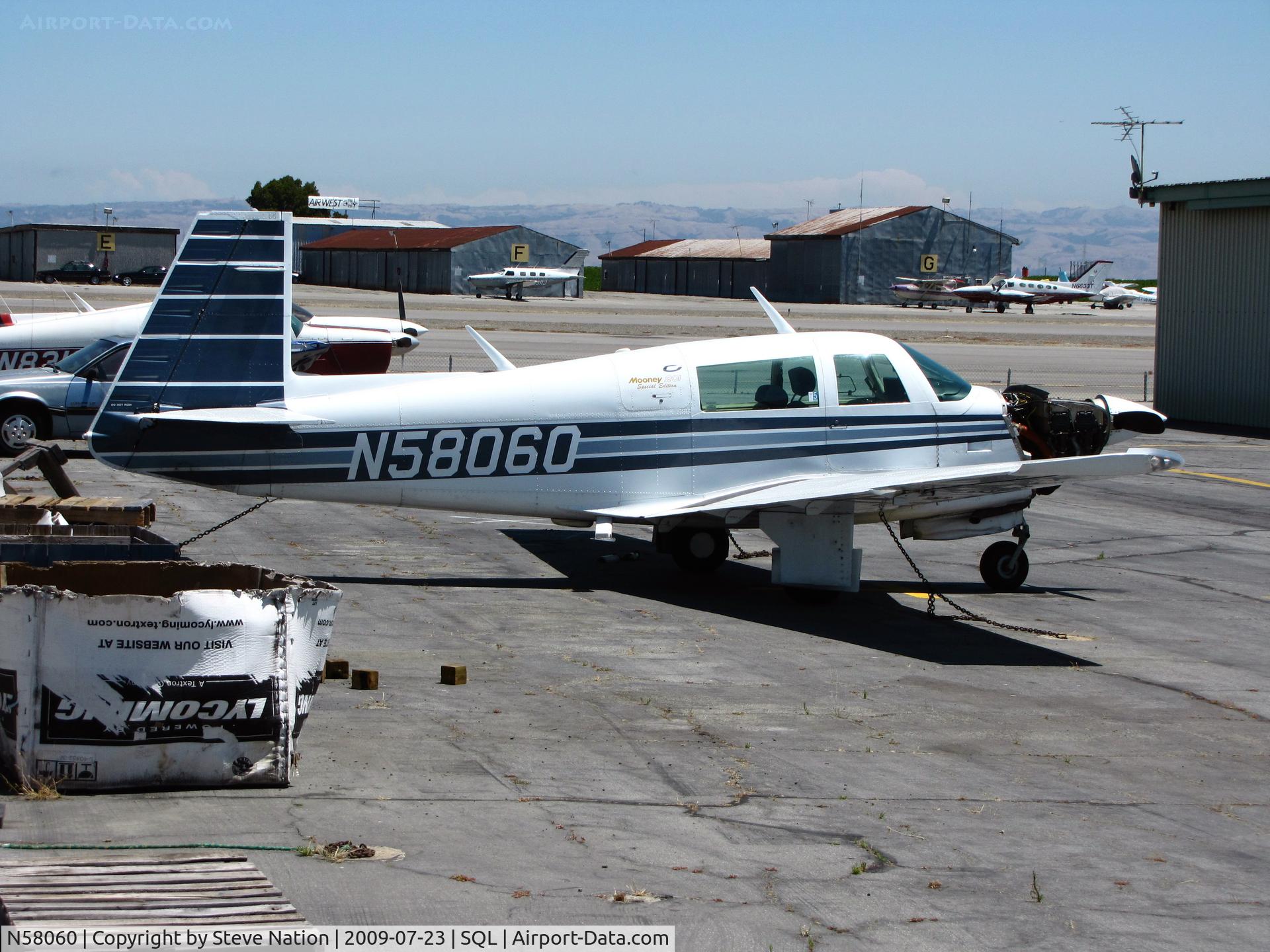 N58060, 1985 Mooney M20J 201 C/N 24-1538, 201 Special Edition 1985 Mooney M20J without cowl cover @ San Carlos Muni, CA