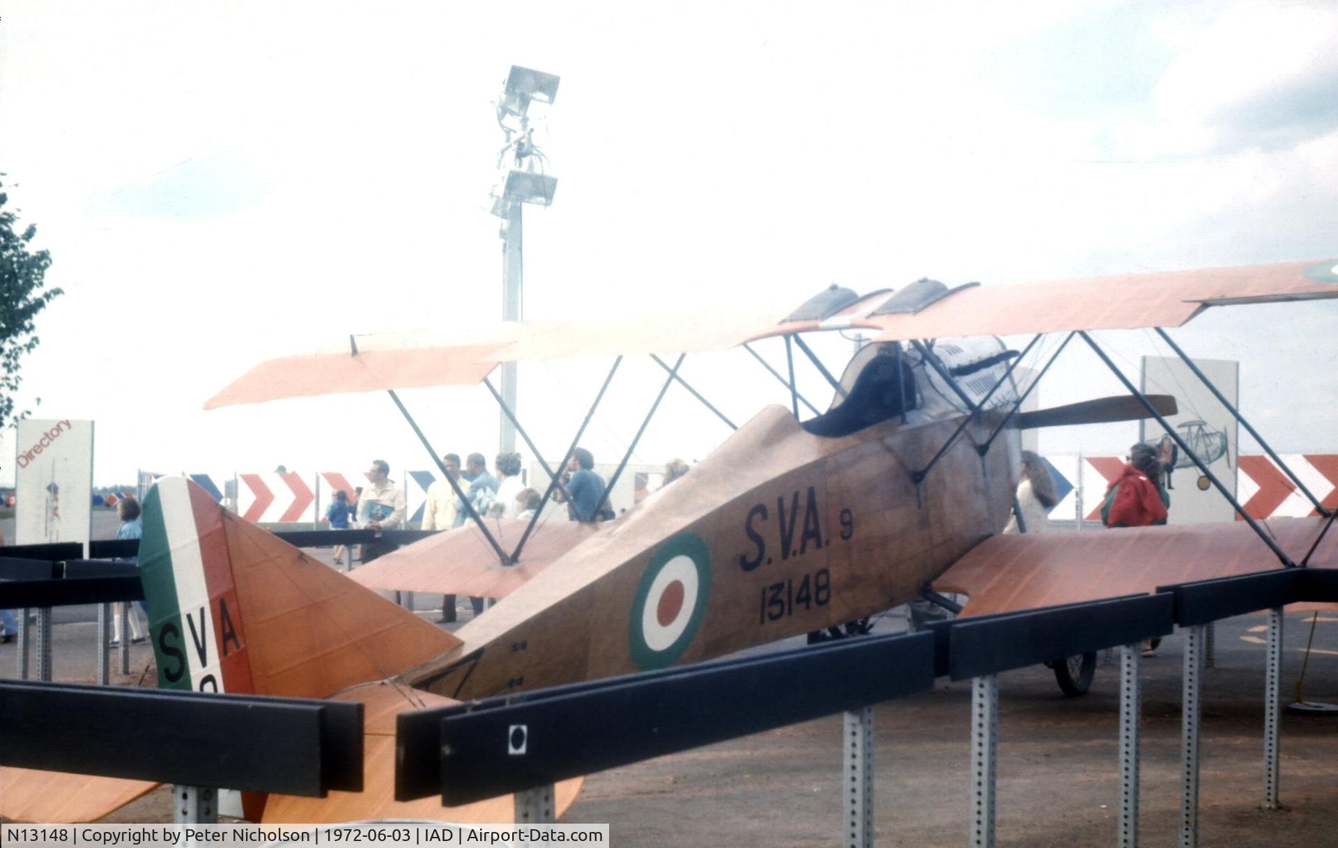 N13148, 1918 Ansaldo TYPE 9 C/N 89, Ansaldo SVA-9 on display in the static park of Transpo 72 at Dulles Intnl Airport.