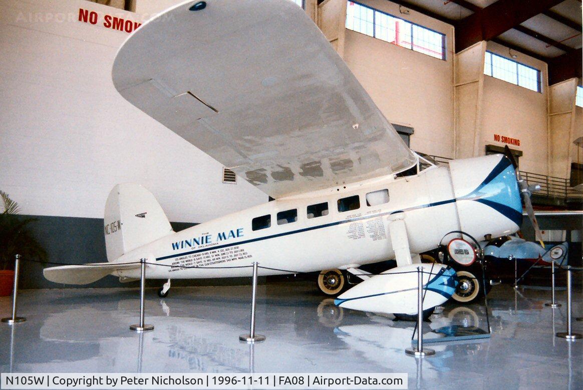 N105W, 1929 Lockheed Vega 5C C/N 72, The Winnie Mae Lockheed Vega NC-105W as seen at the Fantasy of Flight Museum, Polk City in November 1996.