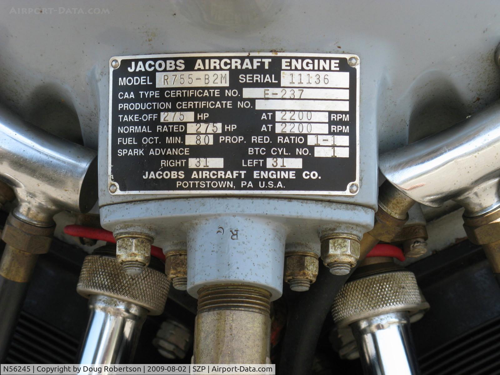 N56245, 1941 Boeing A75N1(PT17) C/N 75-4284, 1942 Boeing Stearman A75N1 (PT17), Jacobs R755-B2M 275 Hp upgrade from original Continental W670 of 220 Hp, engine data plate