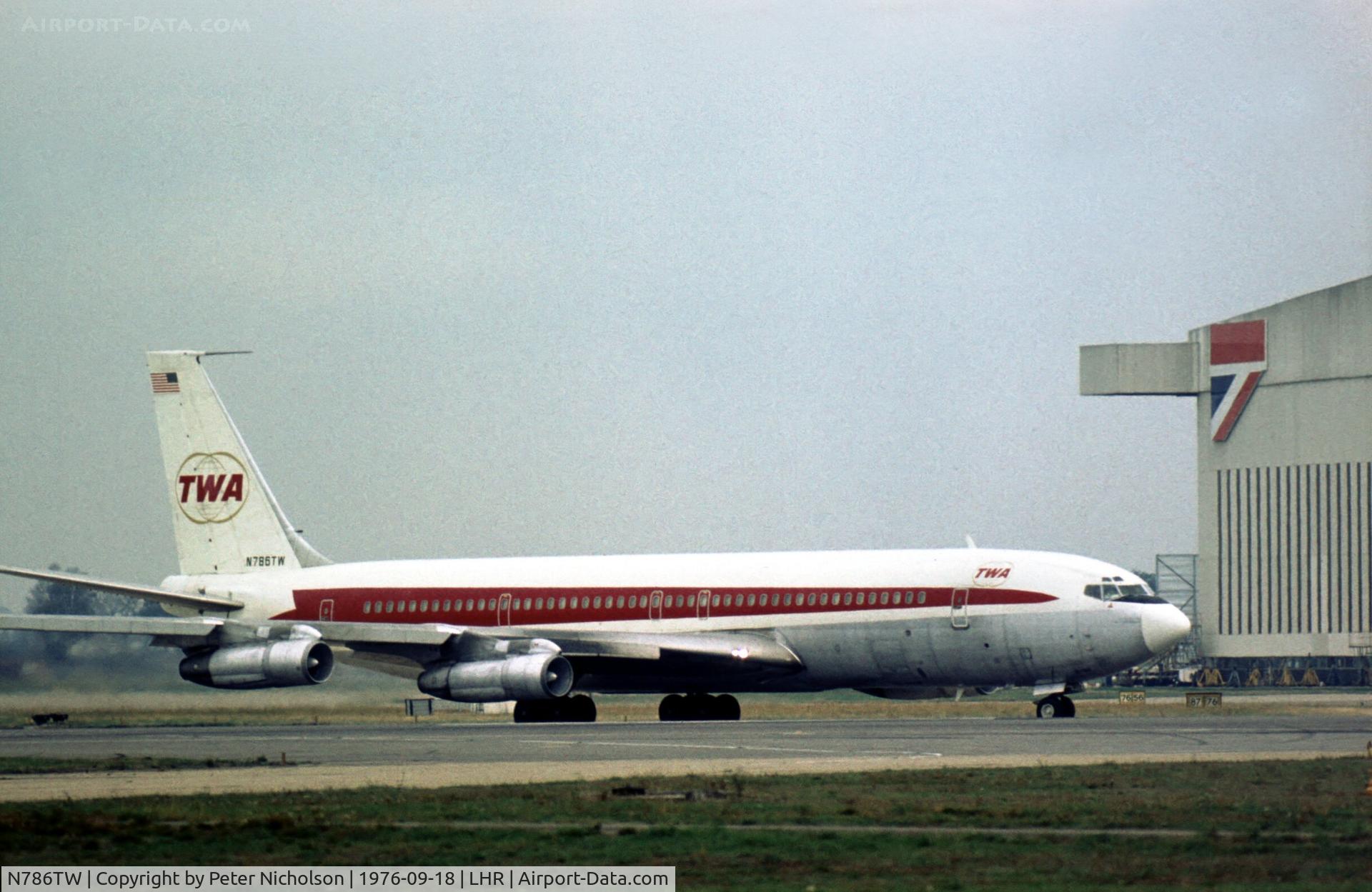 N786TW, 1964 Boeing 707-331C C/N 18711, Boeing 707-331C of Trans-World Airlines at London Heathrow in the late Summer of 1976.