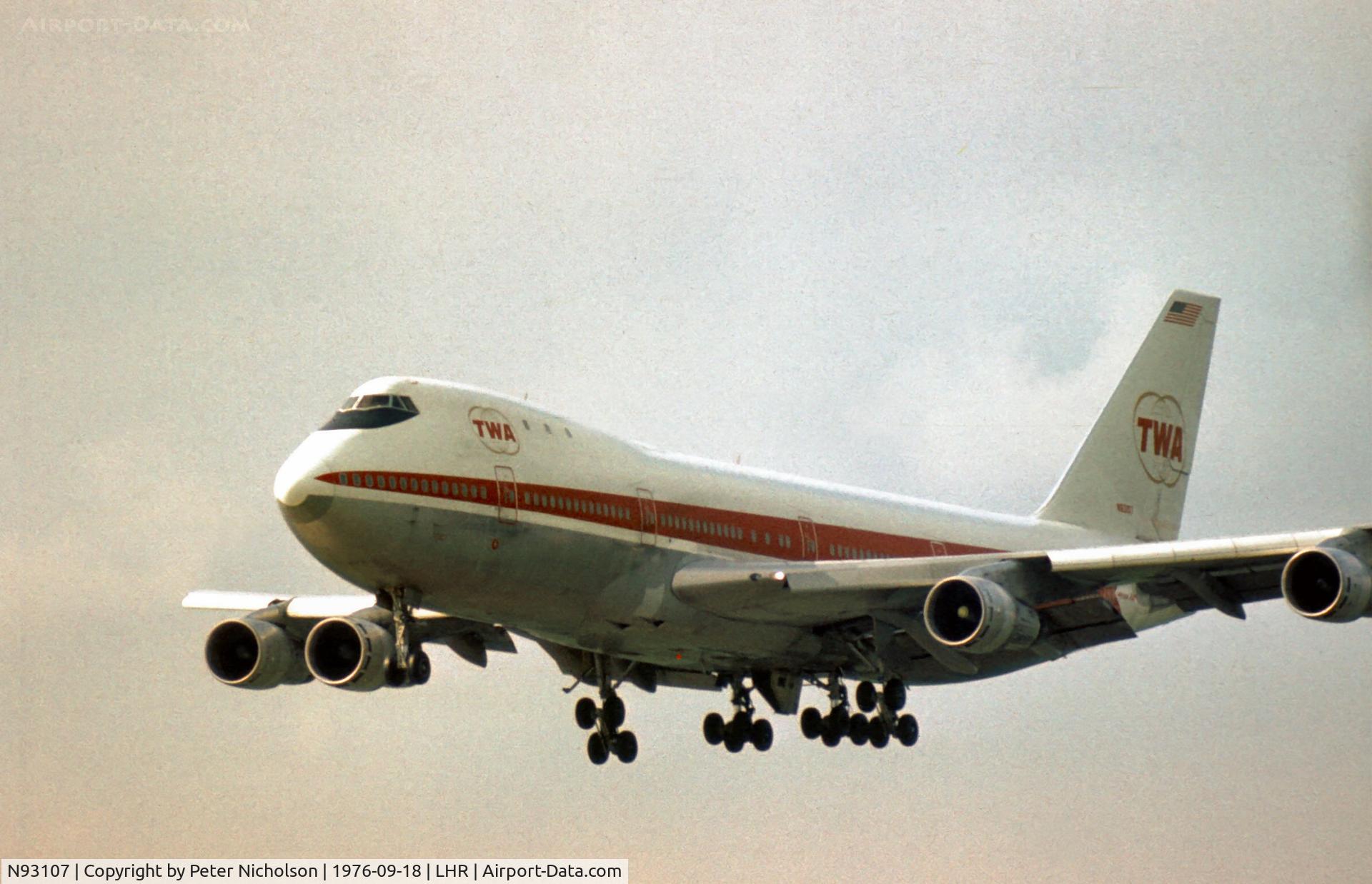 N93107, 1970 Boeing 747-131 C/N 19673, Boeing 747-131 of Trans-World Airlines at London Heathrow in the late Summer of 1976.