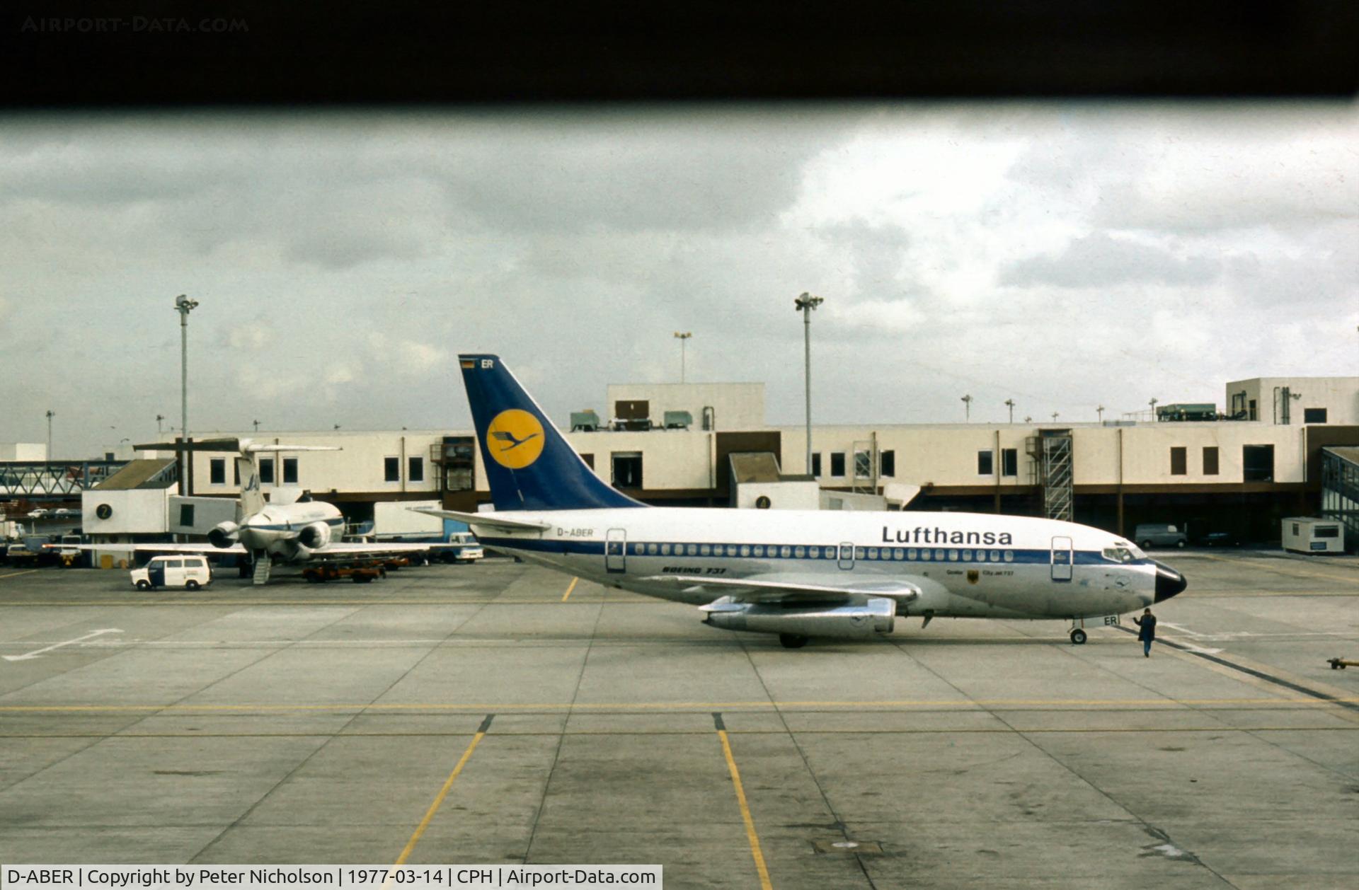 D-ABER, 1968 Boeing 737-130 C/N 19028, This Boeing 737, named Goslar, of Lufthansa was seen at Kastrup in the Spring of 1977. The same regn was later allocated to a later model 737.