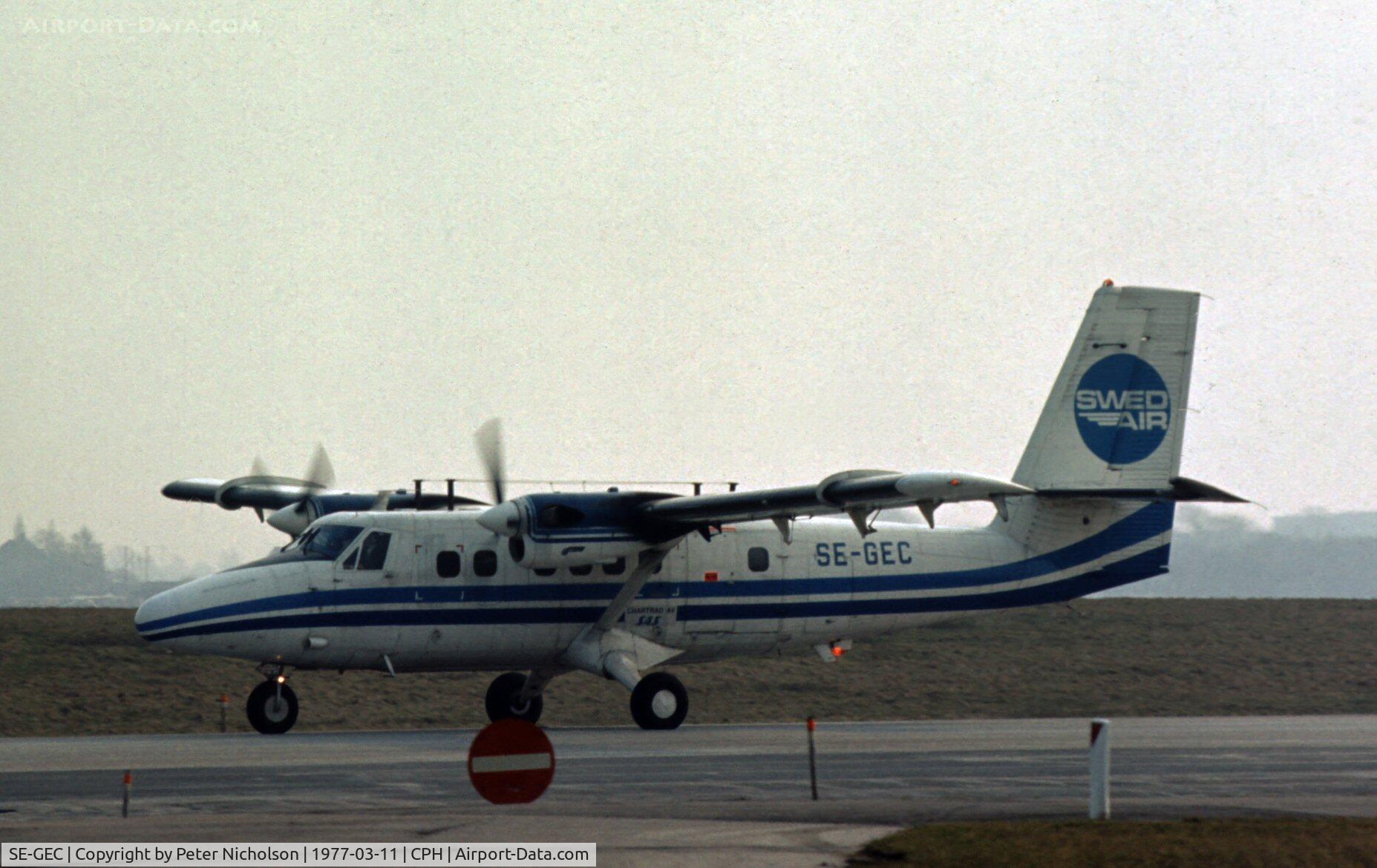 SE-GEC, 1973 De Havilland Canada DHC-6-300 Twin Otter C/N 375, This Twin Otter was chartered by SAS from Swedair when seen at Kastrup in the Spring of 1977.