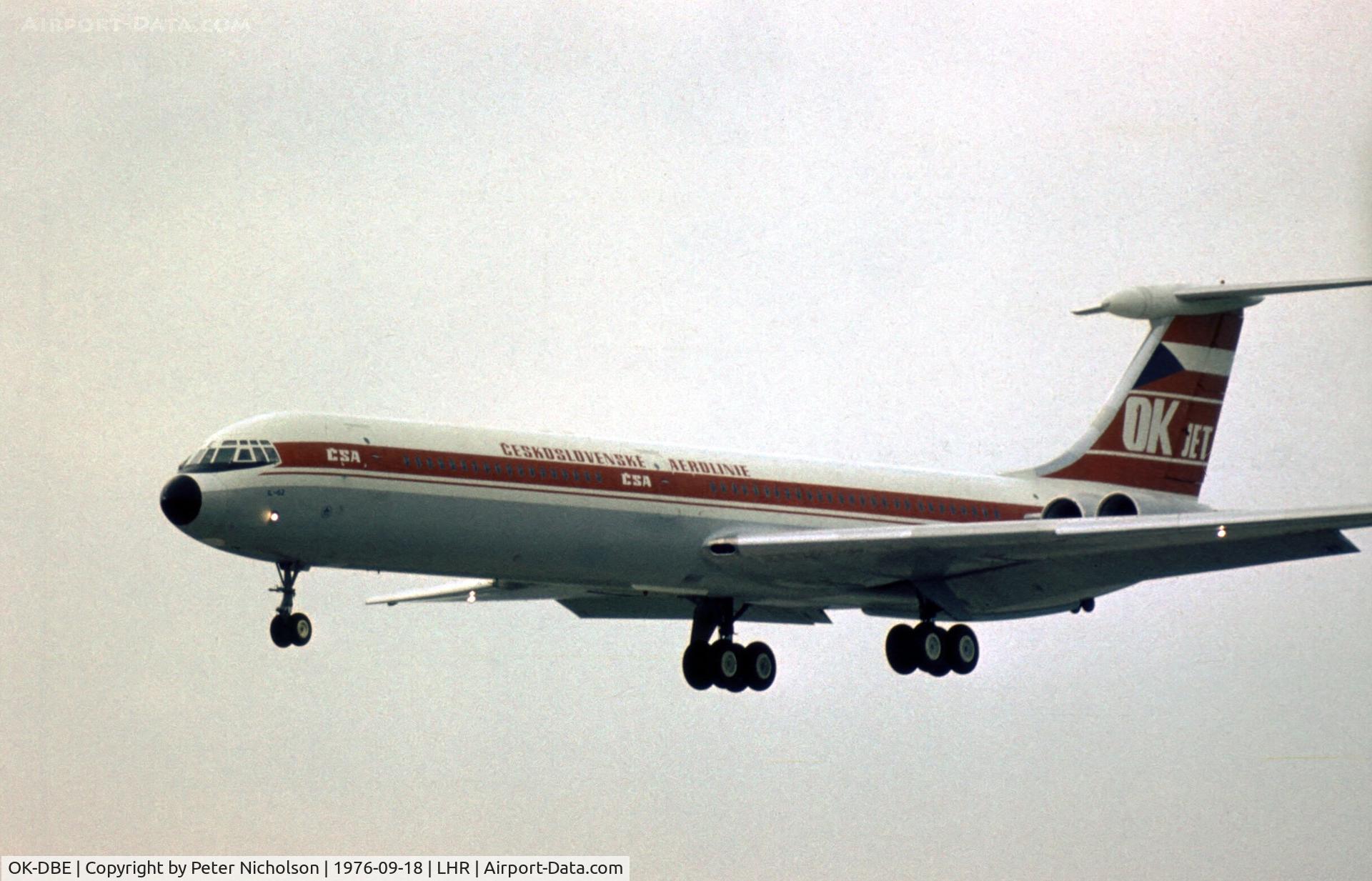 OK-DBE, 1973 Ilyushin Il-62 C/N 31501, Ilyushin Il-62 Classic of CSA landing at London Heathrow in the late Summer of 1976.