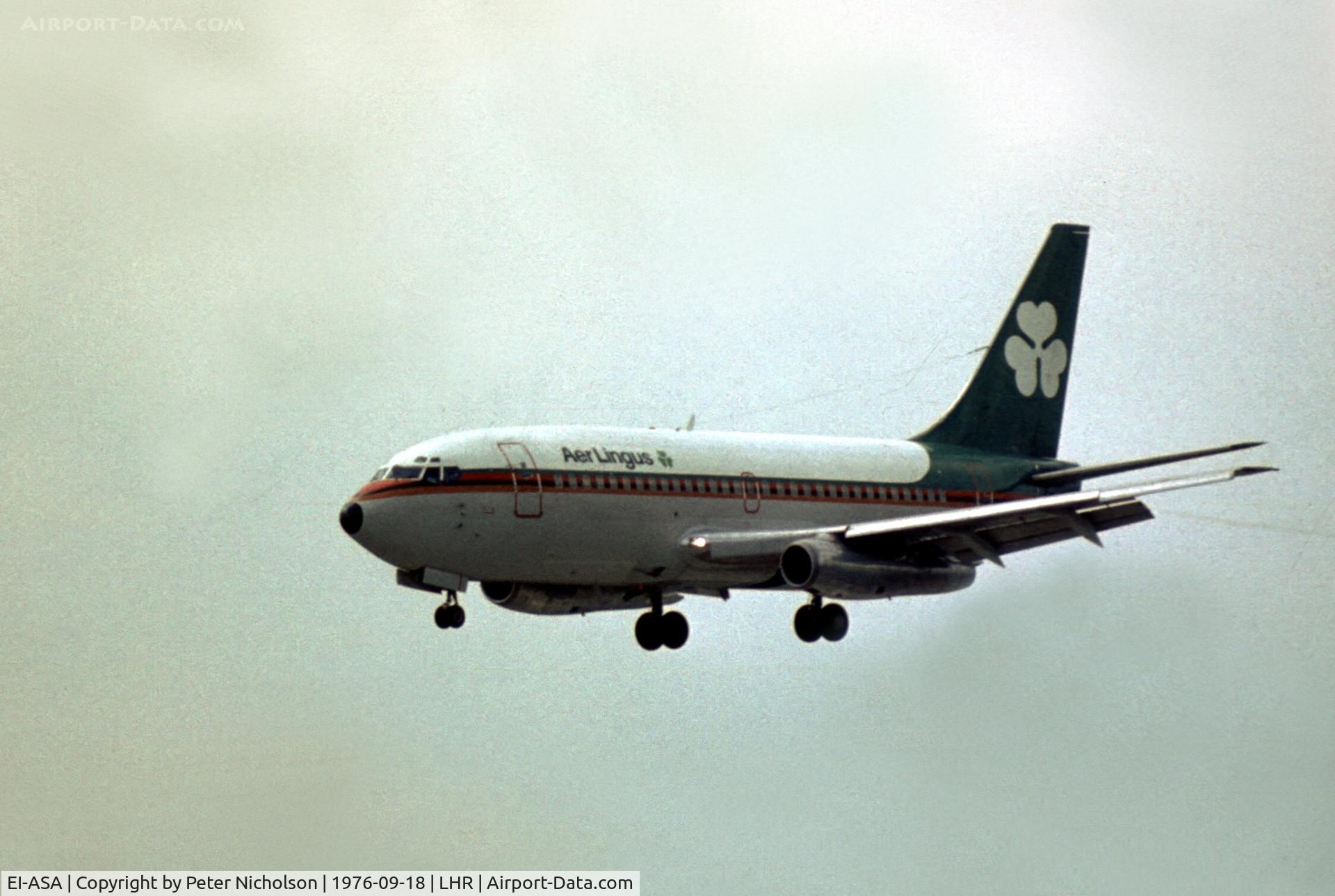 EI-ASA, 1969 Boeing 737-248 C/N 19424, Not in true Aer Lingus markings, this Boeing 737 had been returned from lease to Zambian Airways 3 months earlier when seen at London Heathrow in the late Summer of 1976.
