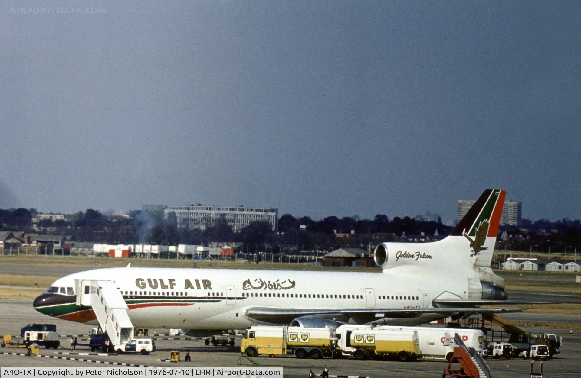 A4O-TX, 1976 Lockheed L-1011-385-1-15 TriStar 200 C/N 193U-1133, TriStar 193U of Gulf Air in the parking area of London Heathrow in the Summer of 1976.