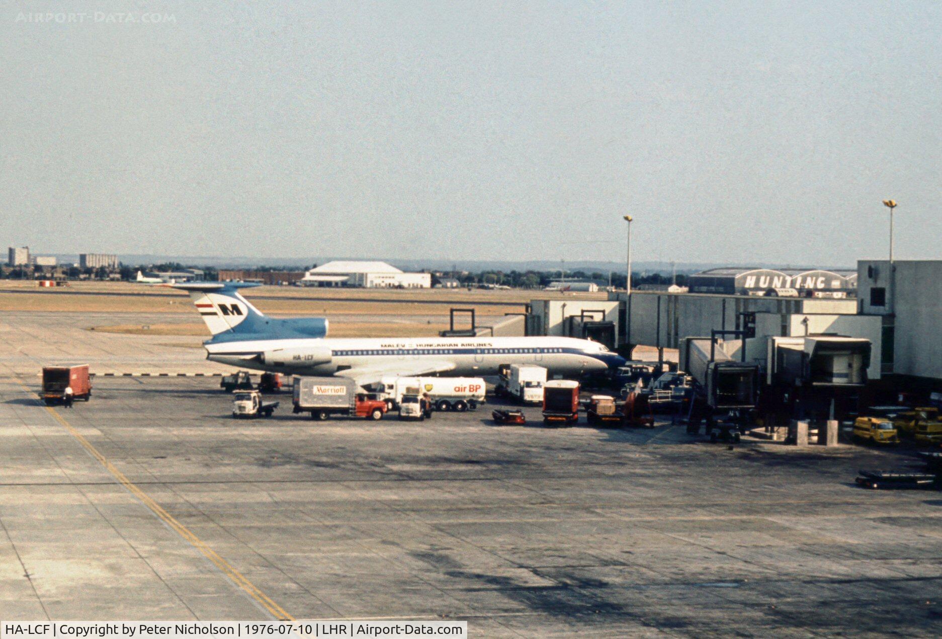 HA-LCF, 1975 Tupolev Tu-154B C/N 75A126, Tu-154B Careless of Malev Hungarian Airlines at the terminal of London Heathrow in the Summer of 1976.