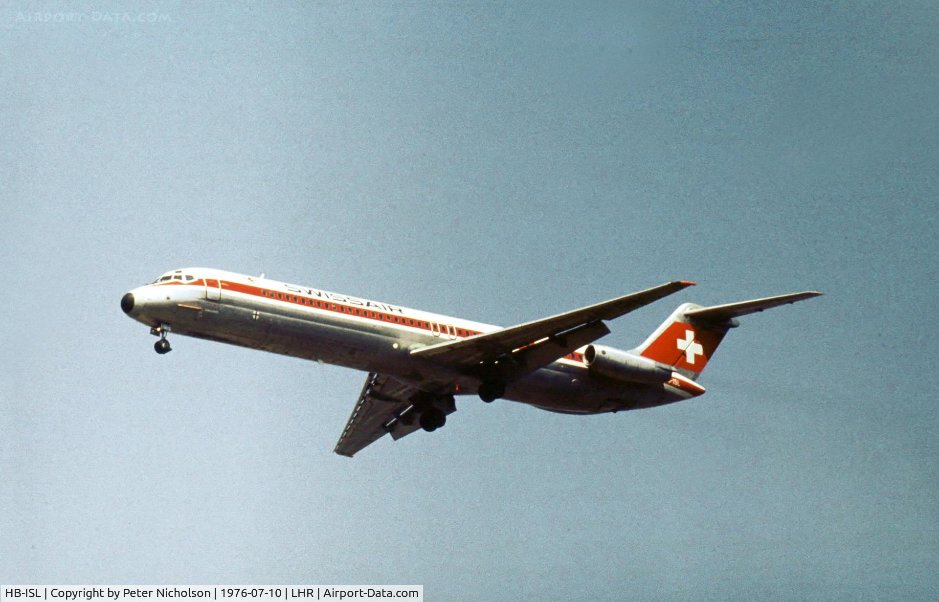 HB-ISL, 1975 Douglas DC-9-51 C/N 47655, DC-9-51, named Koniz, of Swissair on final approach to London Heathrow in the Summer of 1976.