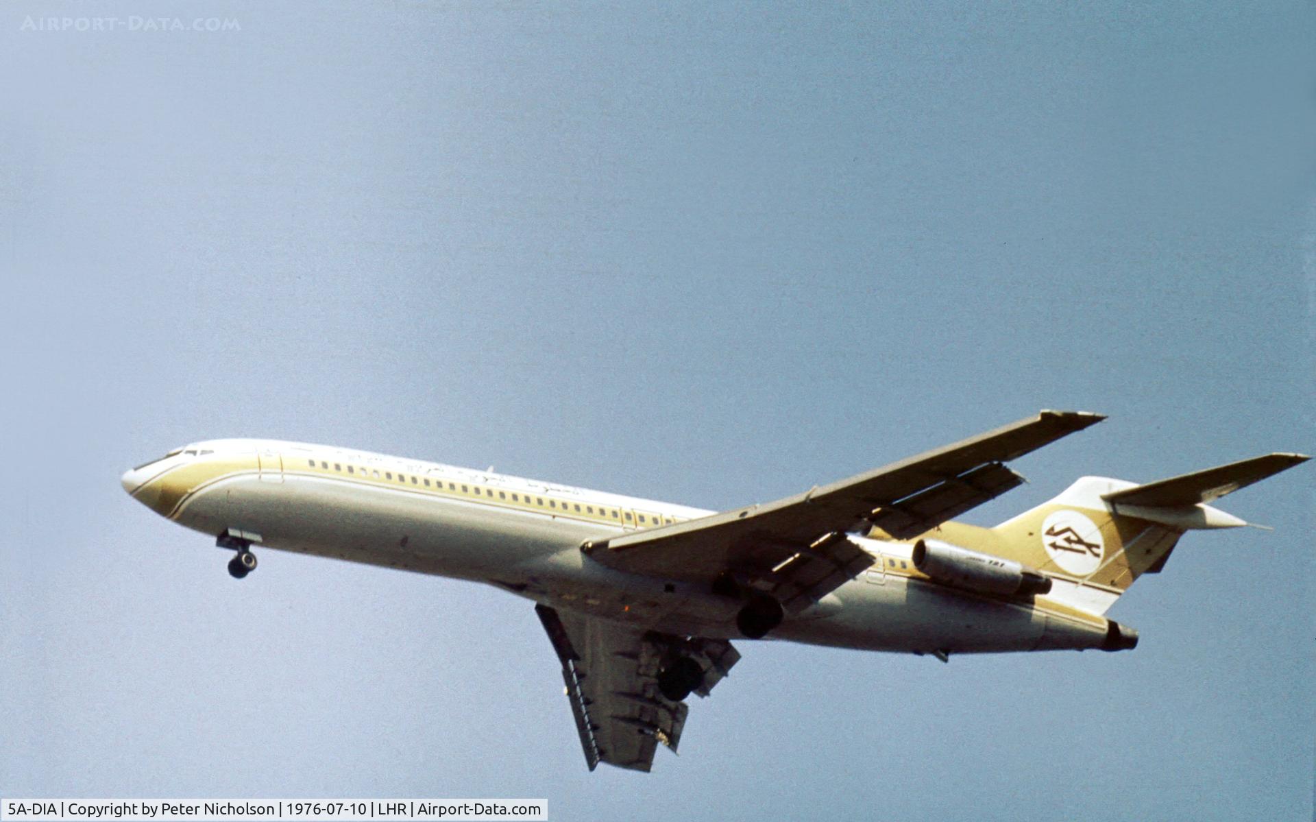 5A-DIA, 1975 Boeing 727-2L5 C/N 21050, Boeing 727-2L5 of Libyan Arab Airlines on final approach to London Heathrow in the Summer of 1976.