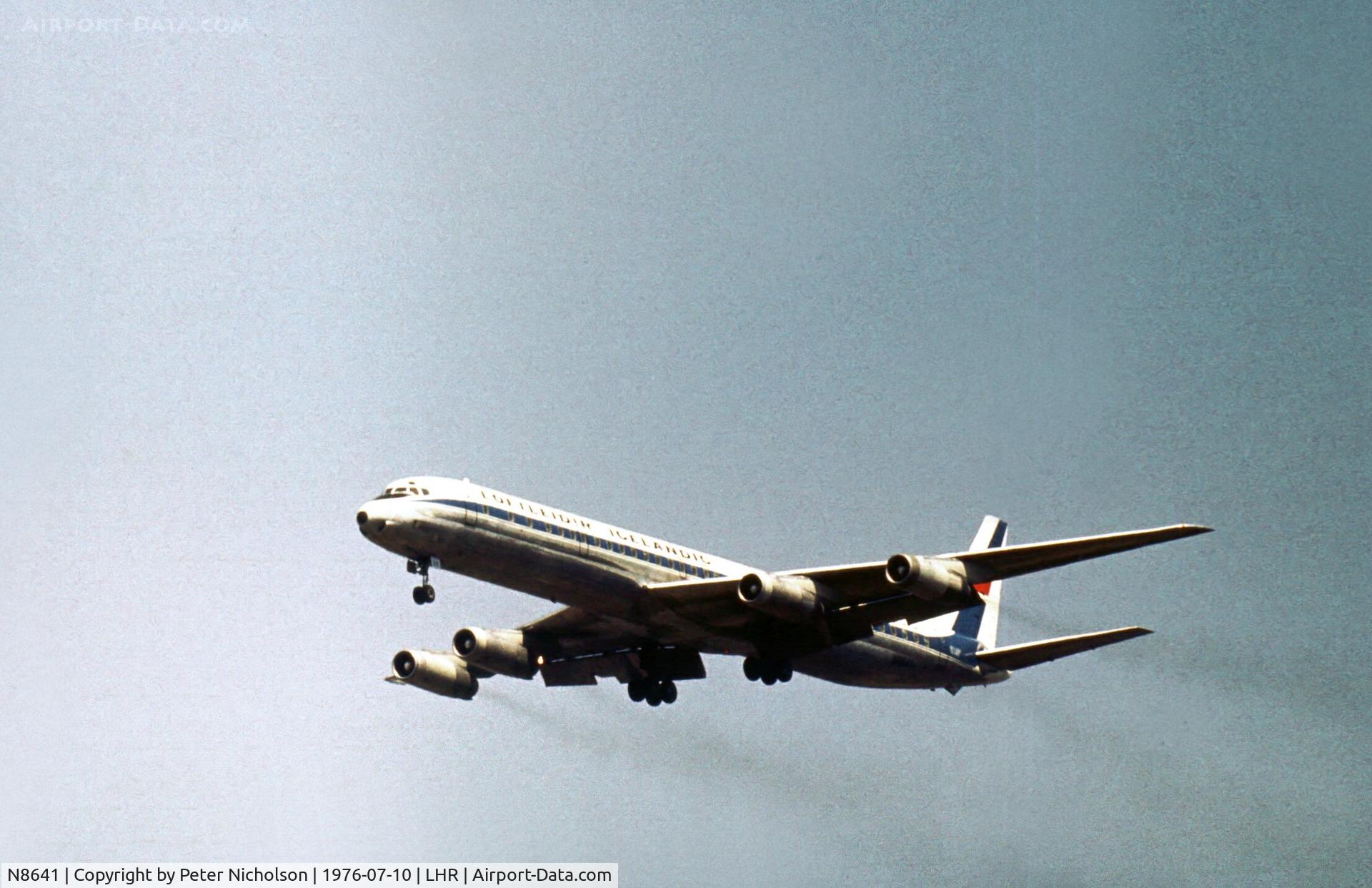 N8641, 1969 Douglas DC-8-63 C/N 46106, DC-8-63, on lease to Loftleidir of Iceland from Seaboard World, on final approach to London Heathrow in the Summer of 1976.