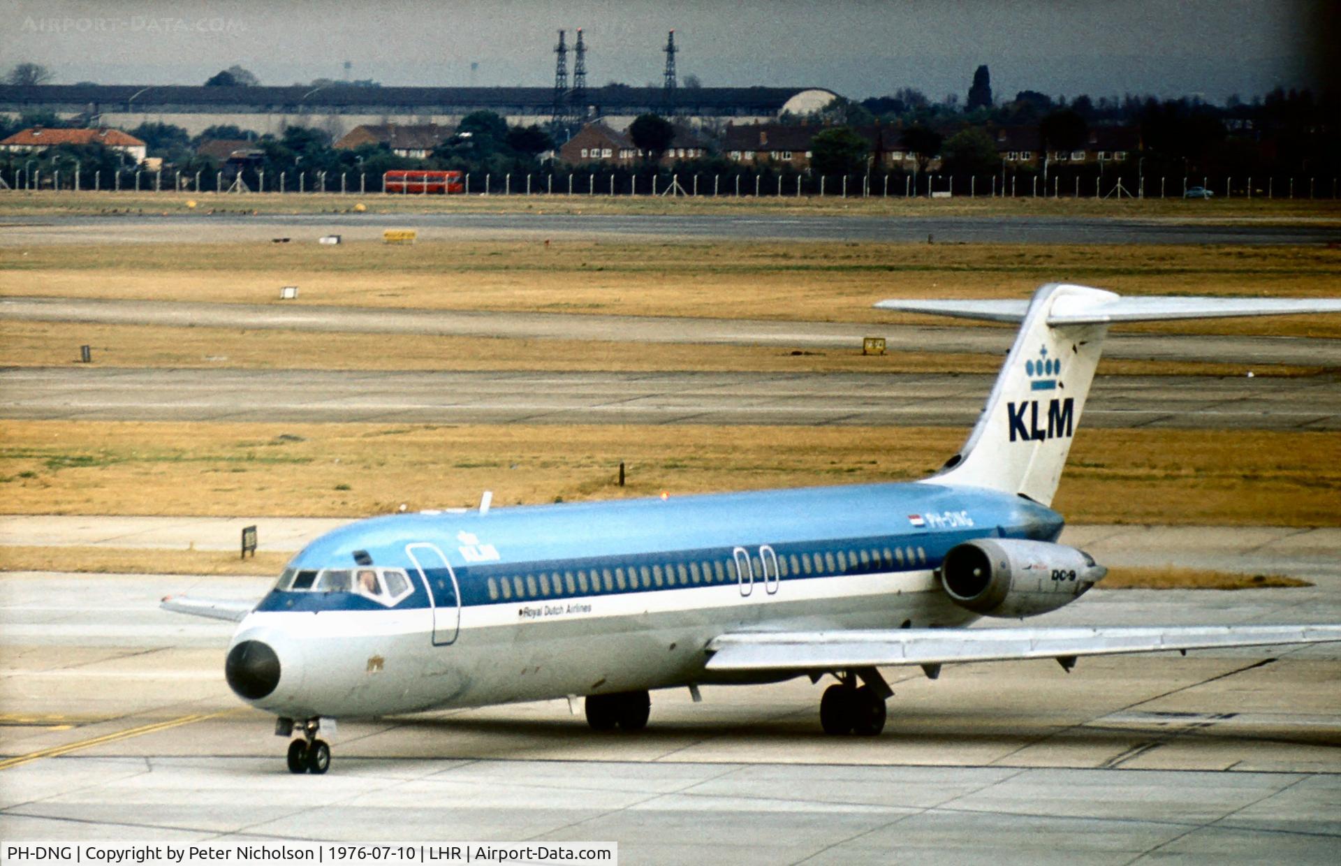 PH-DNG, 1967 Douglas DC-9-32 C/N 47102, DC-9-32, named Rotterdam,  of KLM Royal Dutch Airlines taxying to the terminal at London Heathrow in the Summer of 1976.