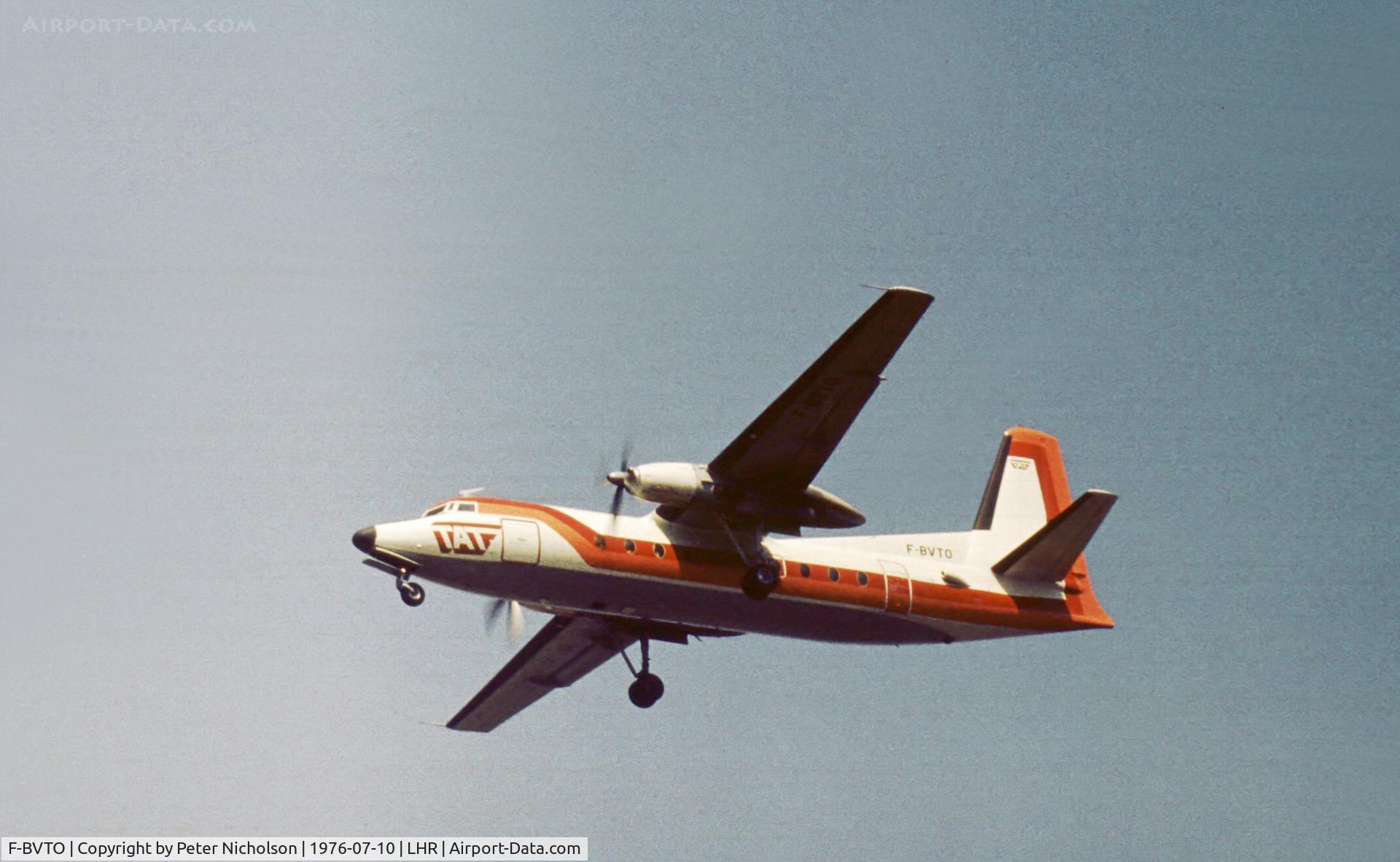 F-BVTO, 1964 Fokker F.27-100 Friendship C/N 10247, Fokker Friendship of Touraine Air Transport on final approach to London Heathrow in the Summer of 1976.