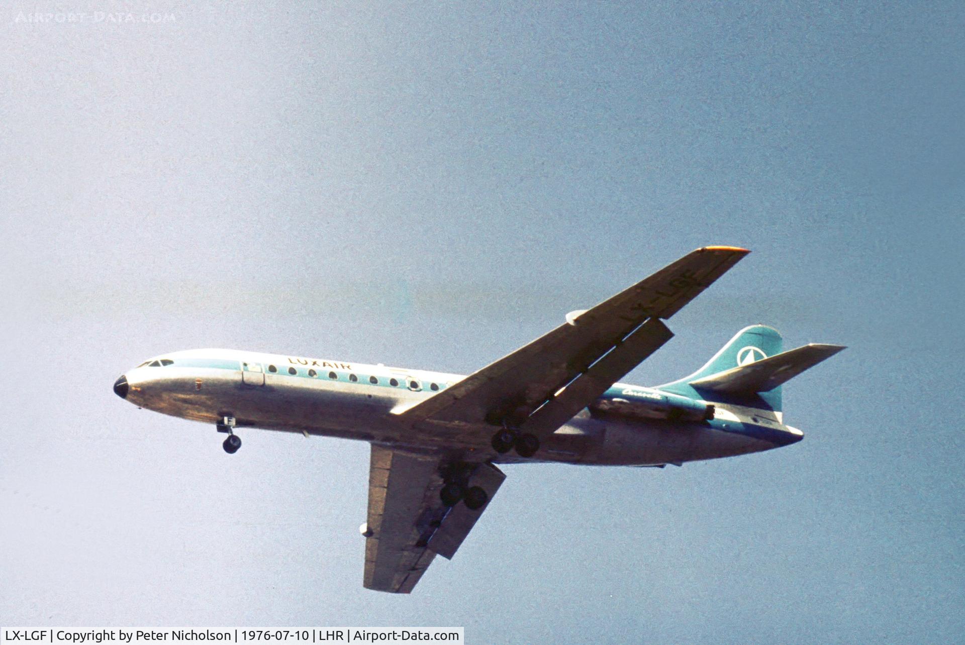 LX-LGF, 1964 Sud Aviation SE-210 Caravelle VI-R C/N 166, Caravelle 6R of Luxair on final approach to London Heathrow in the Summer of 1976.