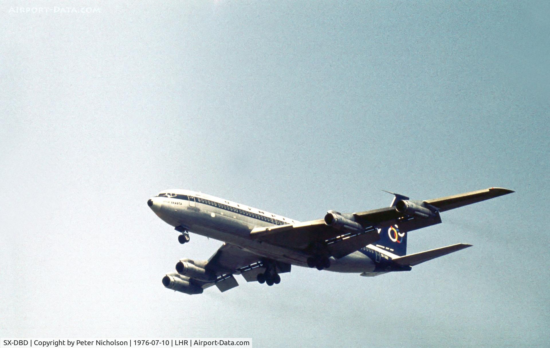 SX-DBD, 1968 Boeing 707-384C C/N 19760, Boeing 707-384C, named City of Sparta, of Olympic Airways on final approach to London Heathrow in the Summer of 1976.