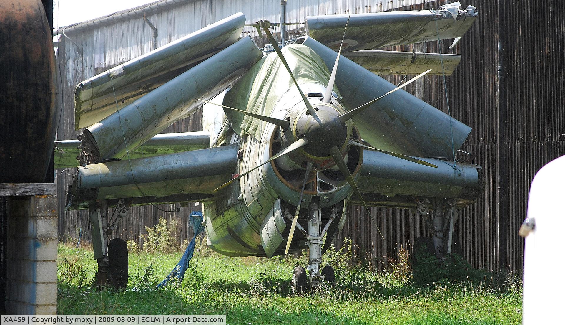 XA459, Fairey Gannet ECM.6 C/N F9312, Fairey Gannet ECM.6 stored at White Waltham pending renovation. Powered by 2 Mamba turboprop engines linked thru 1 gearbox. Contra-rotating props. 