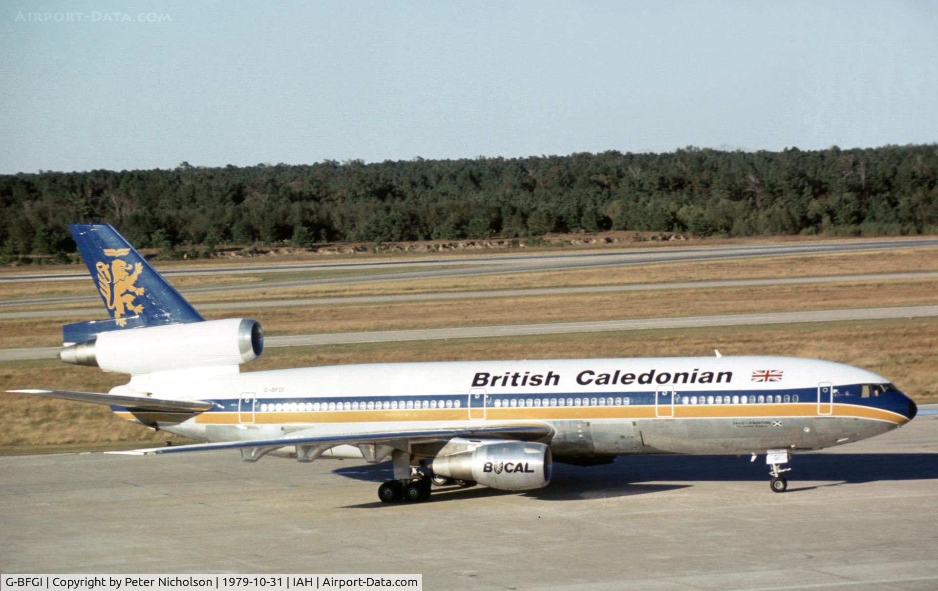 G-BFGI, 1979 McDonnell Douglas DC-10-30 C/N 46590, British Caledonian DC-10-30, named David Livingstone, arriving at Houston International in October 1979, shortly after delivery to the airline.