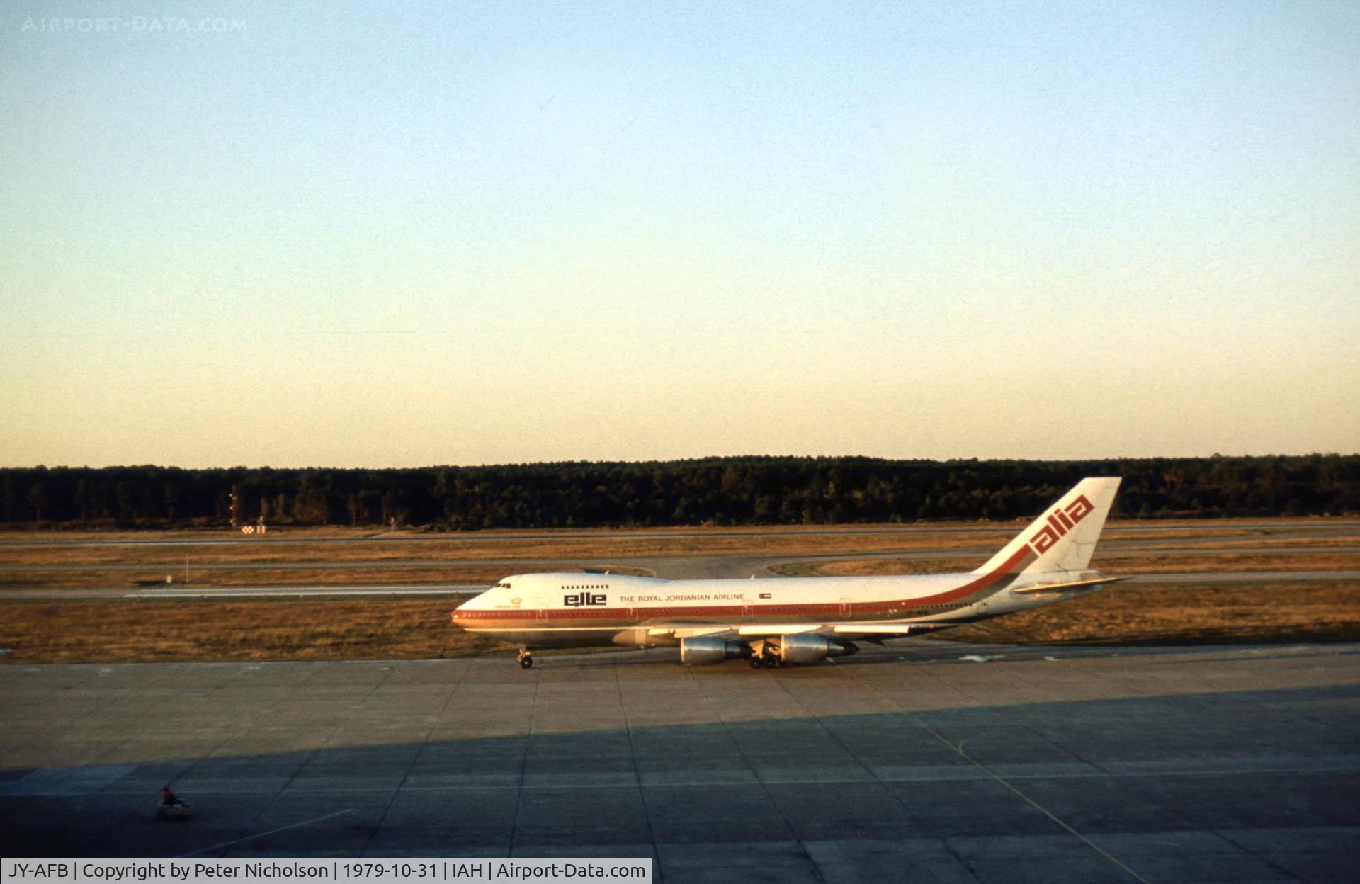 JY-AFB, 1976 Boeing 747-2D3B/SF C/N 21252, Boeing 747-2D3B of Alia Royal Jordanian Airlines at Houston International in October 1979.