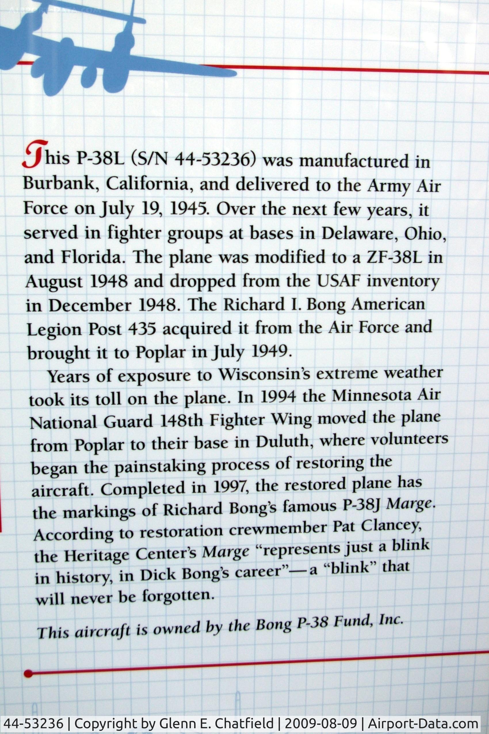 44-53236, 1944 Lockheed P-38L-5-LO Lightning C/N 422-8526, At Superior, WI Richard I. Bong WWII Heritage Center