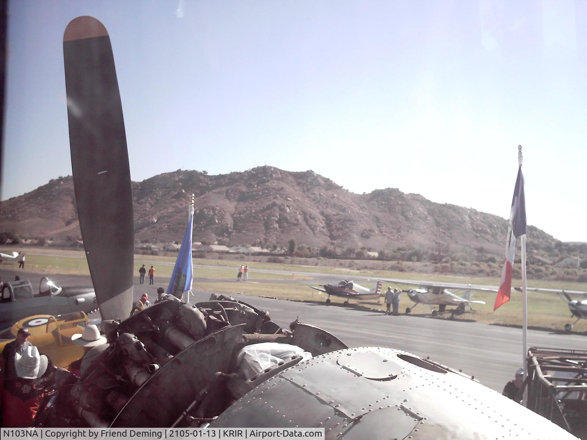N103NA, 1945 Douglas DC-3C-S1C3G (C-47B) C/N 16821, a view from right passenger seat to engine & mt. rubidoux