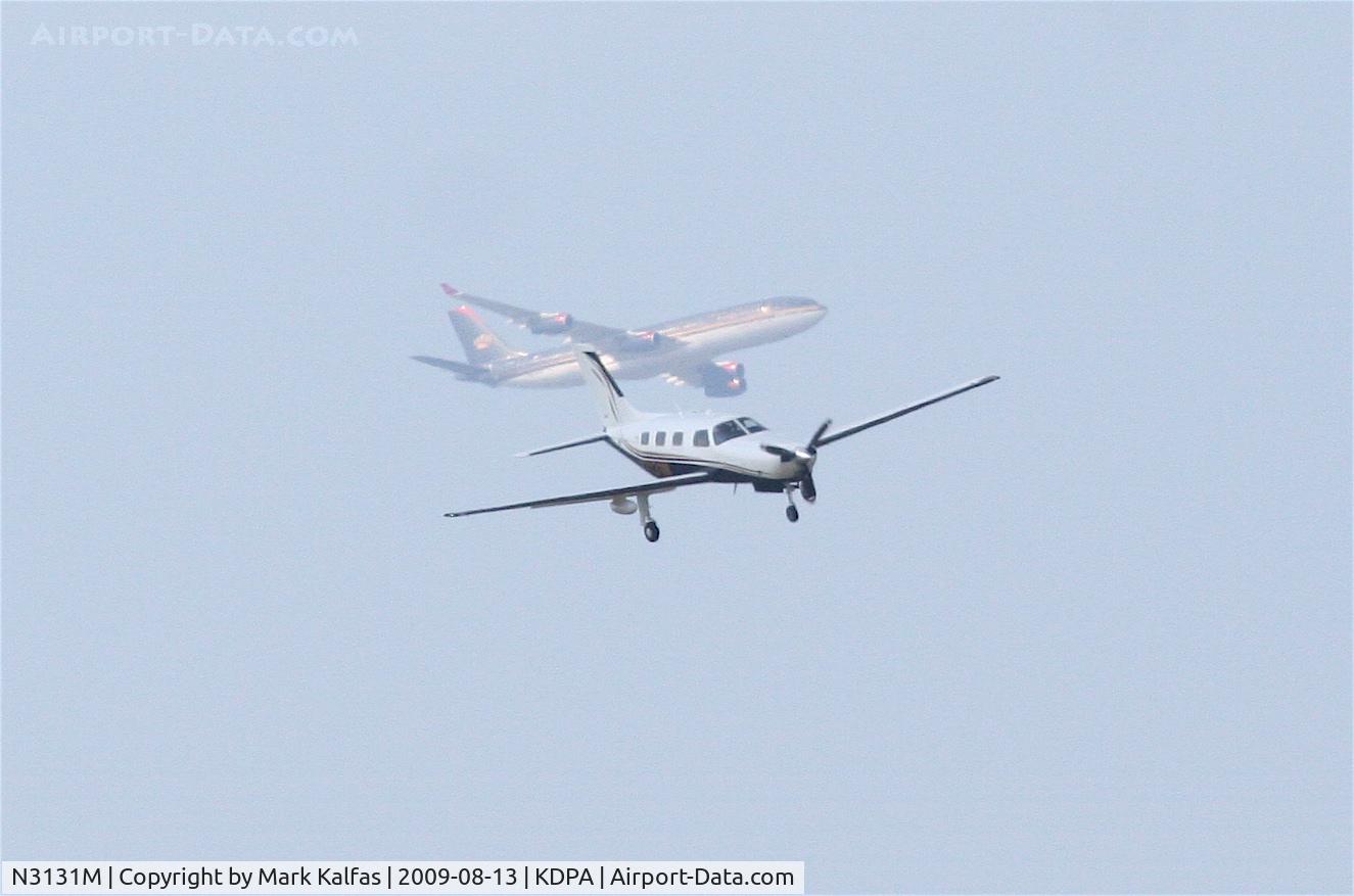 N3131M, 2006 Piper PA-46-350P Malibu Mirage C/N 4636382, Piper Mirage- PA46-350P, N3131M turning final for 20R KDPA with a Royal Jordanian A340-211 inbound for KORD.