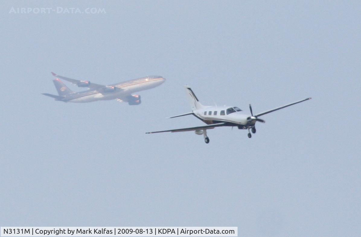 N3131M, 2006 Piper PA-46-350P Malibu Mirage C/N 4636382, Piper Mirage- PA46-350P, N3131M turning final for 20R KDPA with a Royal Jordanian A340-211 inbound for KORD.