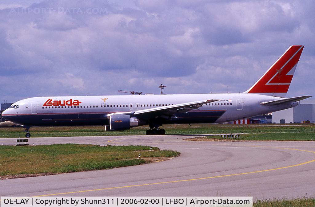 OE-LAY, 1998 Boeing 767-3Z9/ER C/N 29867, Taxiing holding point rwy 32R for departure...