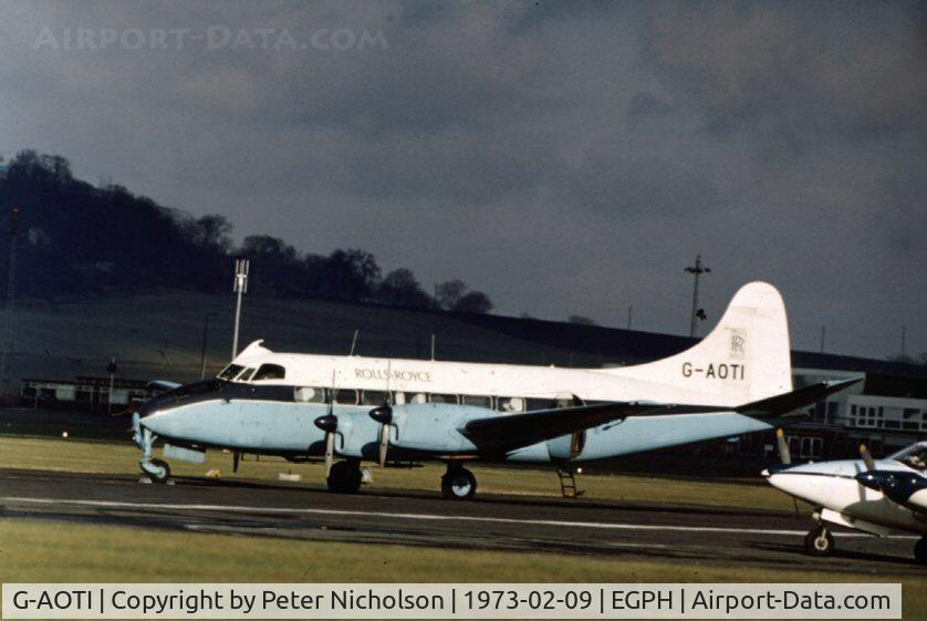 G-AOTI, 1956 De Havilland DH-114 Heron 2D C/N 14107, DH.114 Heron of Rolls-Royce Ltd at Edinburgh in February 1973.