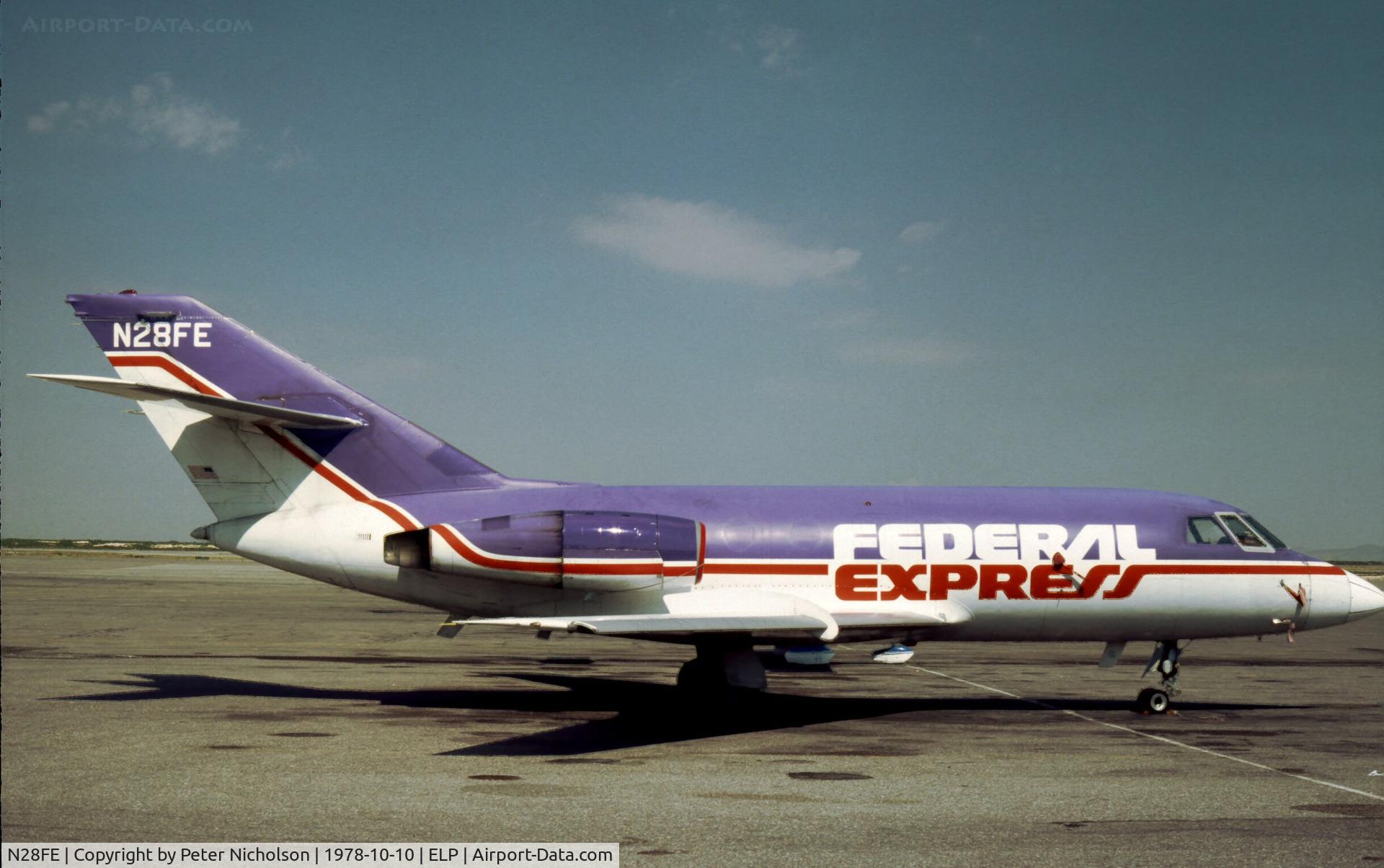 N28FE, 1969 Dassault Falcon (Mystere) 20DC C/N 209, Falcon 20DC was marketed in North America under the name Fan Jet Falcon and this example at El Paso in October 1978 was used by Federal Express for overnight courier work and named Janet.