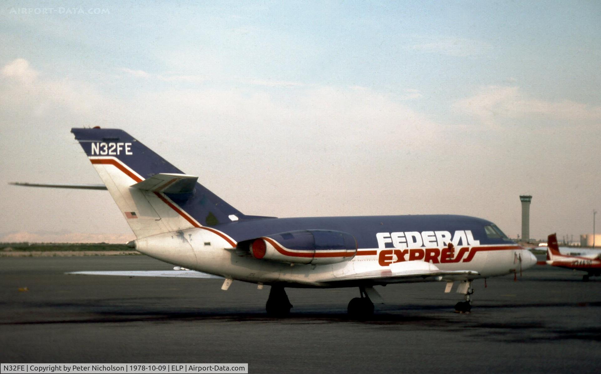 N32FE, 1969 Dassault Falcon (Mystere) 20DC C/N 213, Federal Express used the Fan Jet Falcon for courier work as seen at El Paso in October 1978 - aircraft was named Sarah in FedEx service.