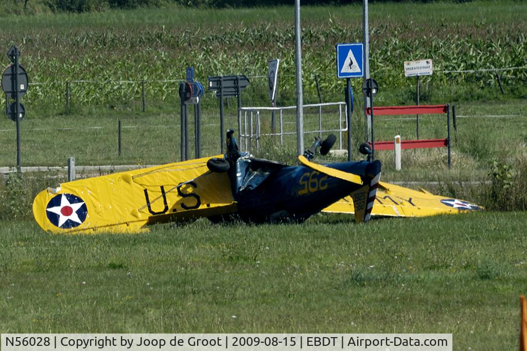N56028, 1942 Ryan Aeronautical ST3KR C/N 2014, Seconds after the crash. The Ryan came in, crossed the light poles and dived straight down. One severely and one lightly injured. The aircraft is a write off...