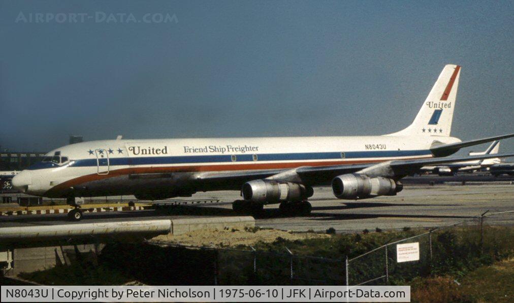 N8043U, 1964 Douglas DC-8-54F C/N 45677, United Airlines DC-8F seen at Kennedy in the Summer of 1975