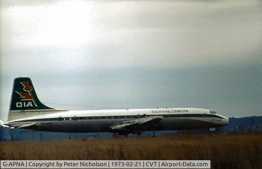 G-APNA, 1958 Bristol 175 Britannia 317 C/N 13425, Donaldson Intnl Airways was a charter company which operated this Britannia from 1968 to 1972. It is shown at Coventry in February 1973 where it was later broken up.