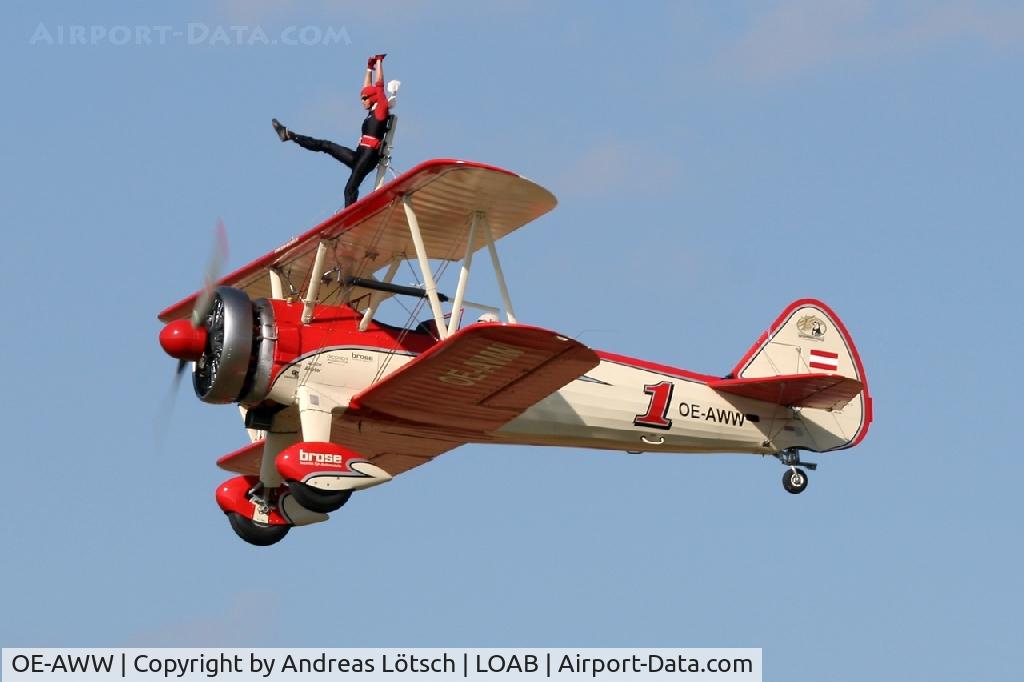 OE-AWW, 1943 Boeing N2S-5 Kaydet (E75) C/N 75-5386, Wingwalkerin Peggy Krainz at the Airshow09 at Dobersberg