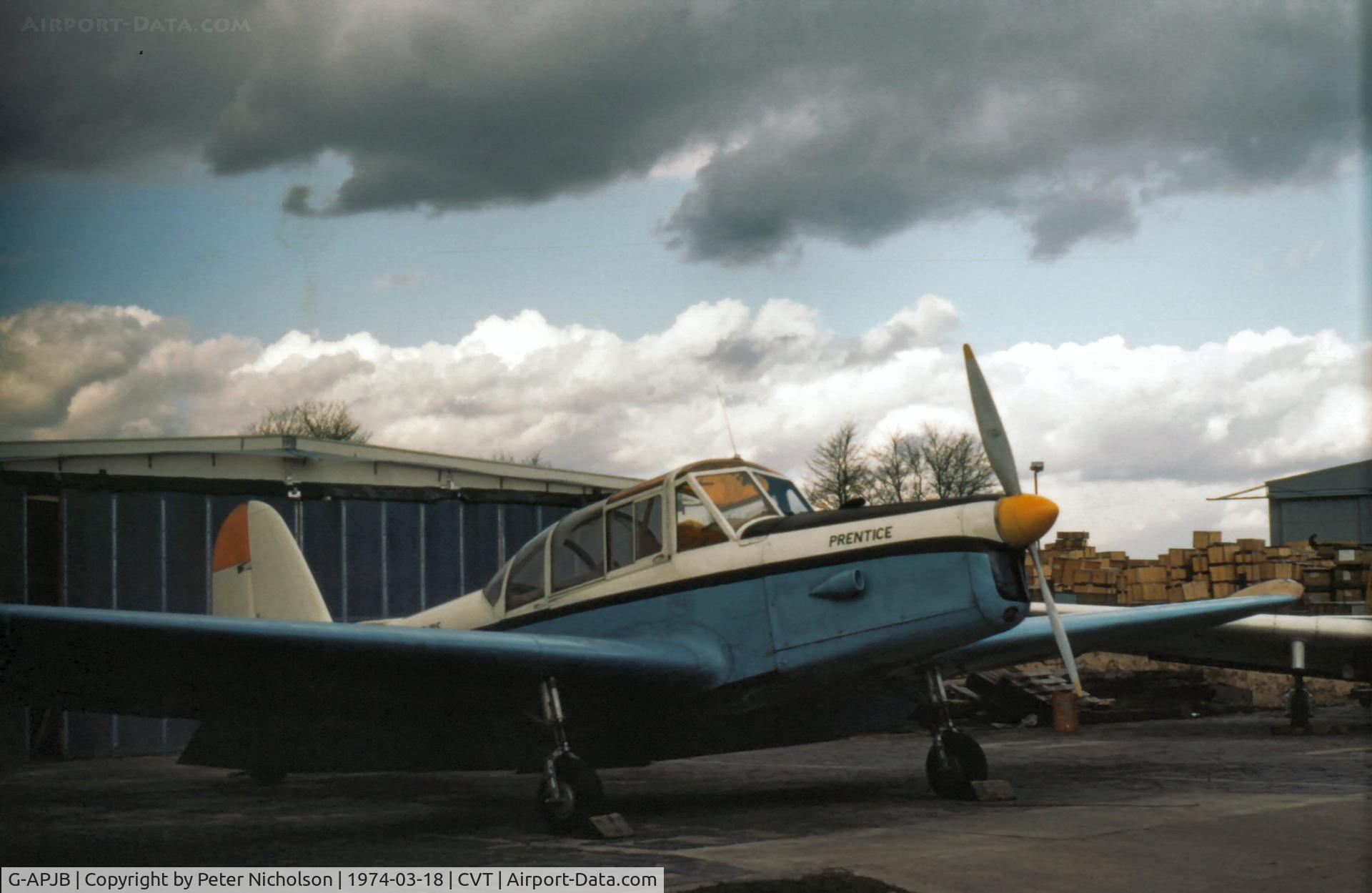 G-APJB, 1948 Percival P-40 Prentice T1 C/N PAC-086, Prentice I now restored to RAF colours as VR 259 was owned by City Airways when seen at Coventry in the Spring of 1974.