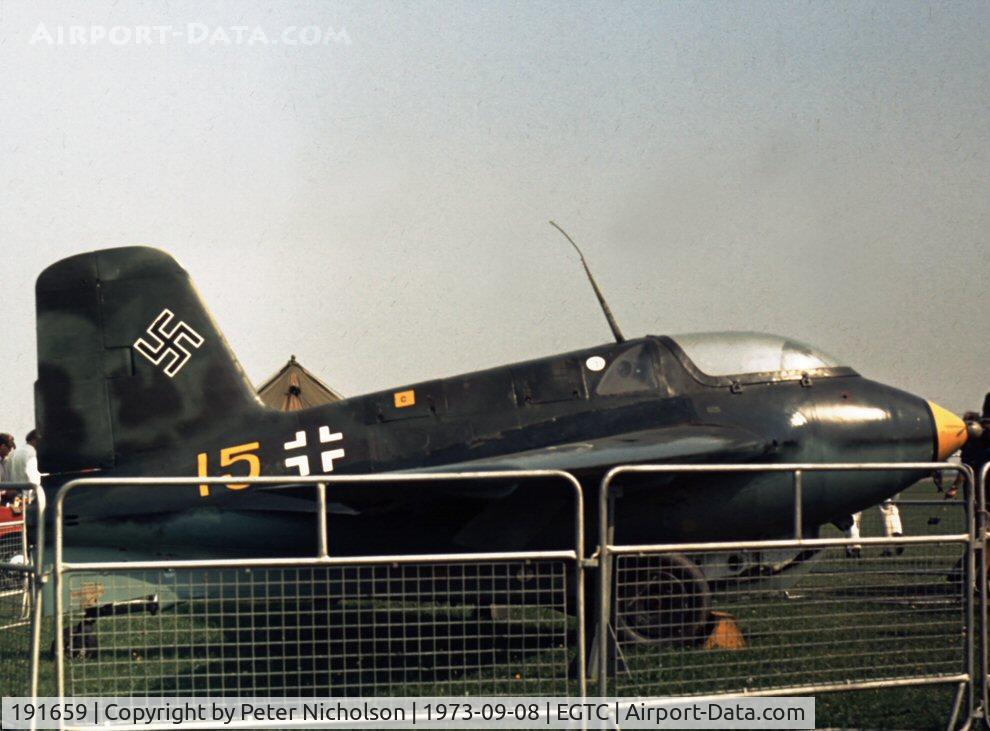 191659, Messerschmitt Me-163B-1a Komet C/N 191659, Now at East Fortune, in 1973 this Komet was with the Cranfield Institute of Technology and was displayed at the 1973 Business & Light Aviation Show.
