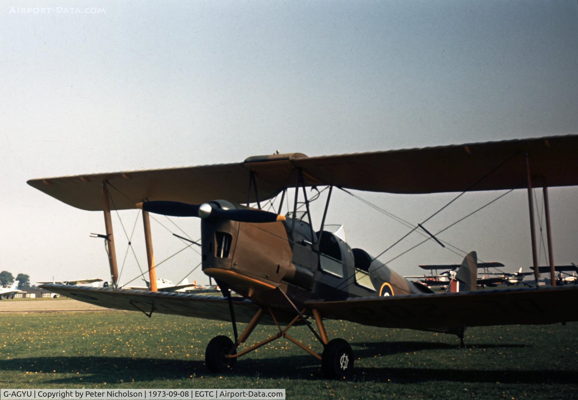 G-AGYU, 1946 De Havilland DH-82A Tiger Moth II C/N 85265, Tiger Moth DE 208 was displayed at the 1973 Cranfield Business & Light Aviation Show.