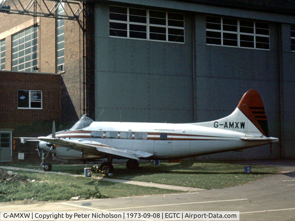 G-AMXW, 1953 De Havilland DH-104 Dove 6A C/N 04401, This Dove 6 was on display at the 1973 Cranfield Business & Light Aviation Show.
