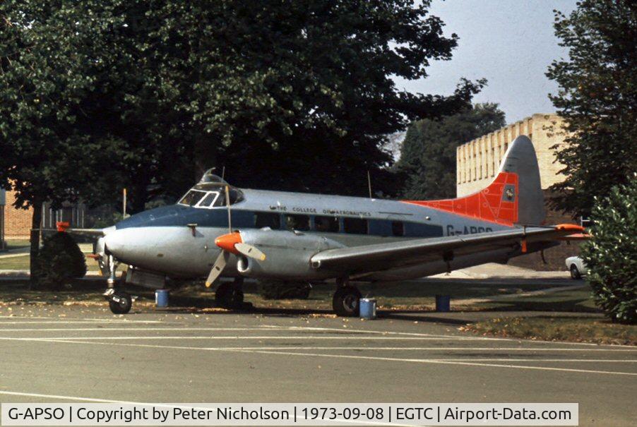 G-APSO, 1959 De Havilland DH-104 Dove 5 C/N 04505, This Dove was on display at the 1973 Cranfield Business & Light Aviation Show.